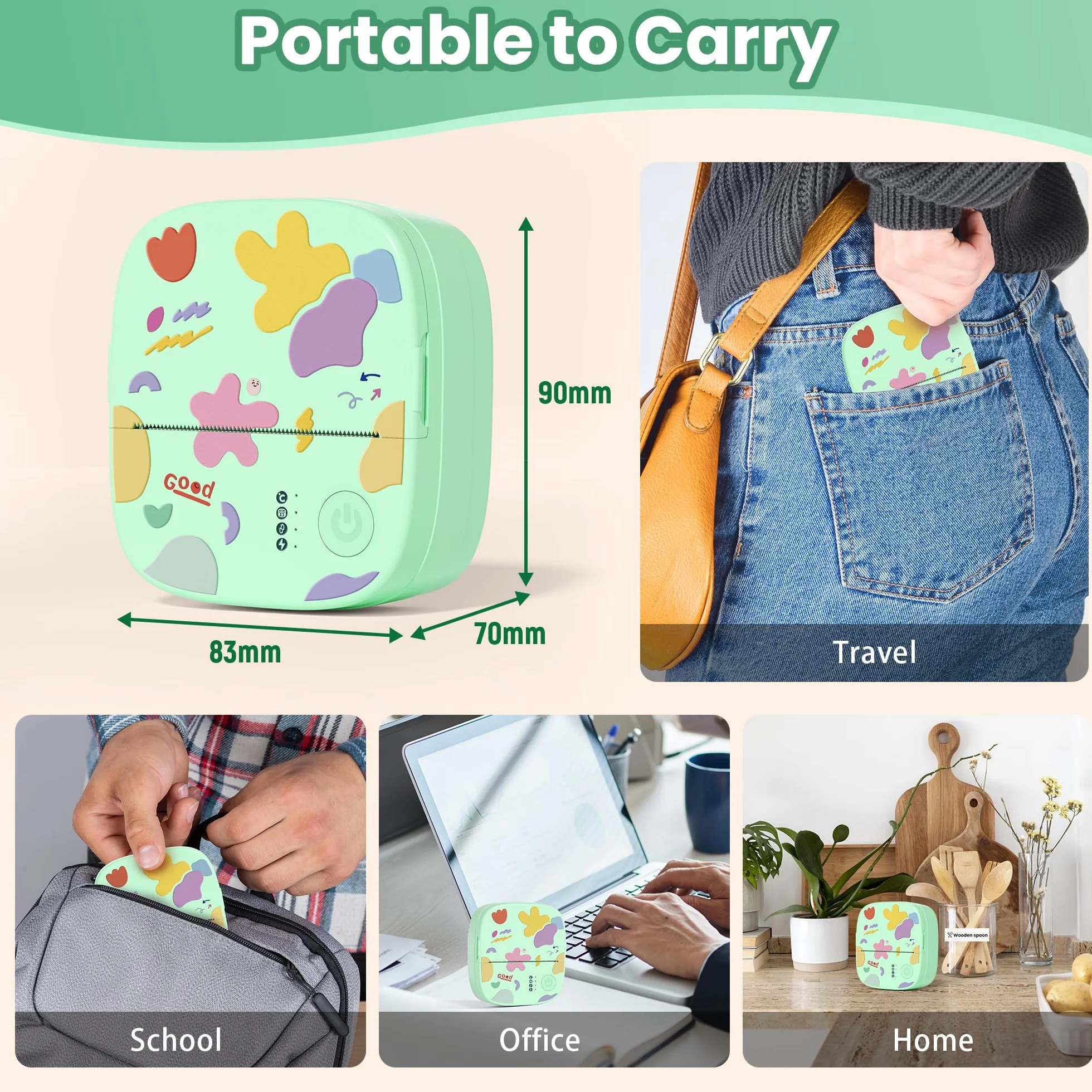 Imprimante Thermique Mini sans Encre Bluetooth Portable 3 Rouleaux Papier Vert pour Stickers Étiquettes DIY Enfants