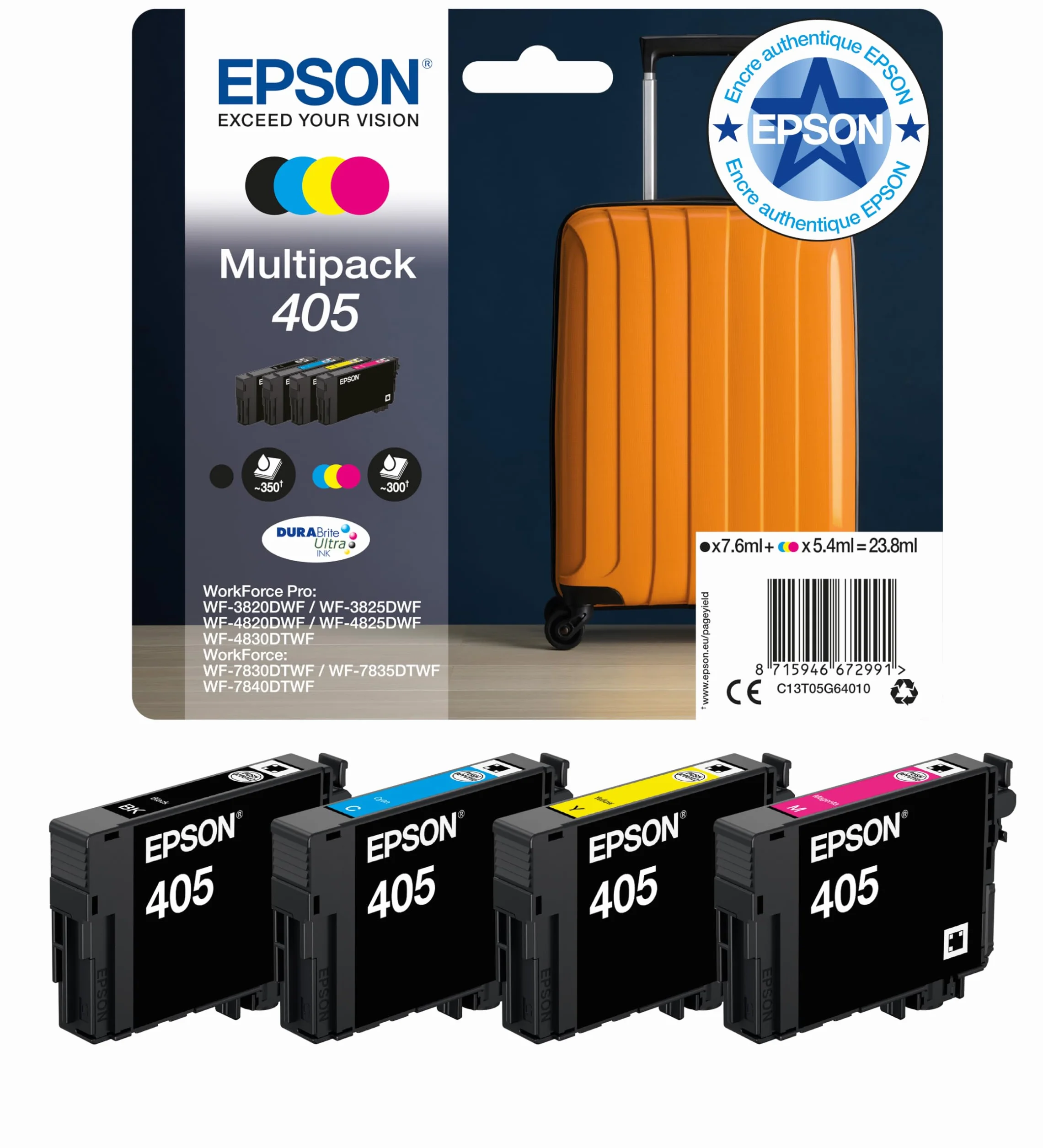 Epson Multipack 405 Valise Cartouches d'encre d'origine 4 couleurs Noir Cyan Magenta Jaune