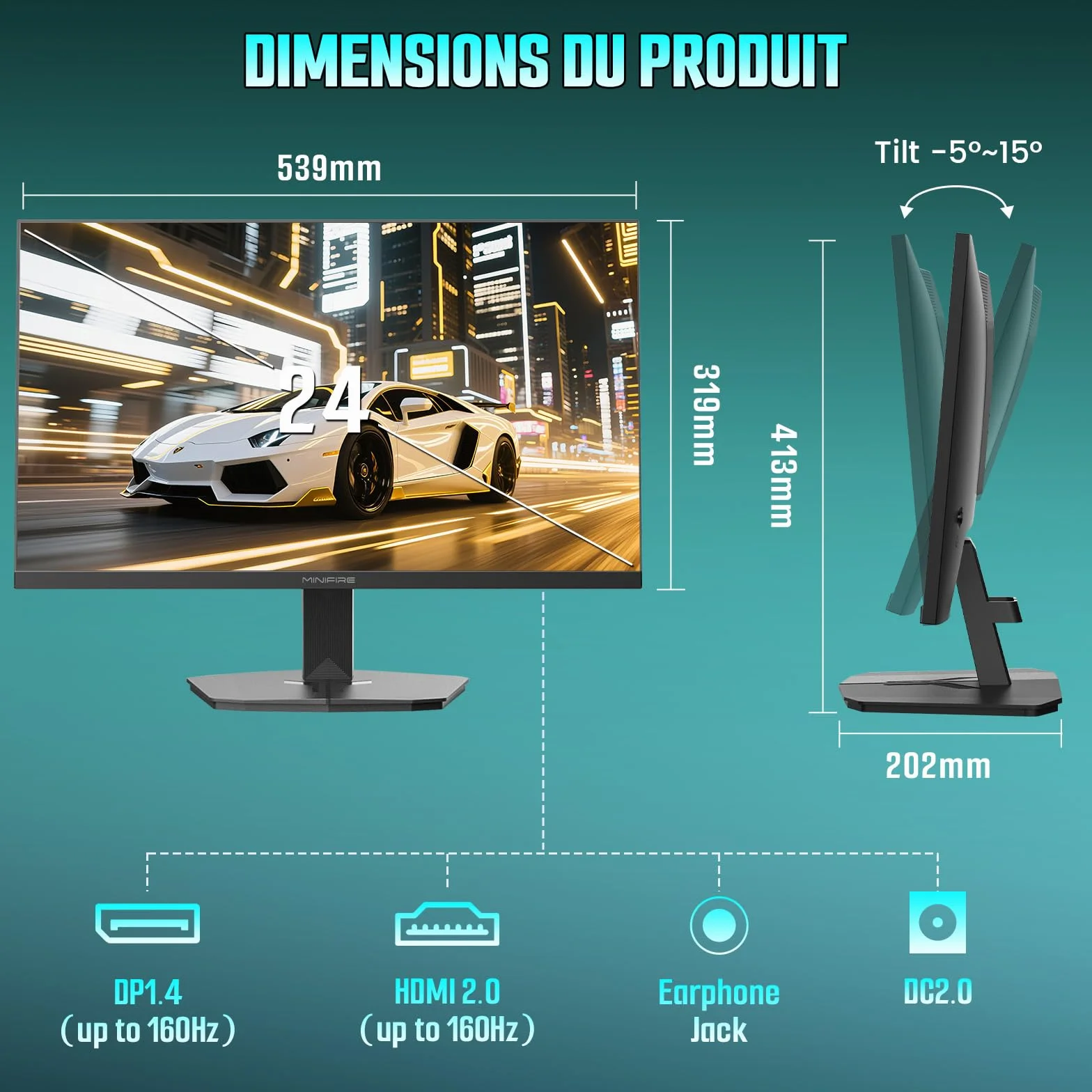 Minifire Écran PC Gamer 24 Pouces 200Hz 1ms FreeSync Full HD 1920x1080 HDMI 2.0 DP 1.4 MFG24F4H
