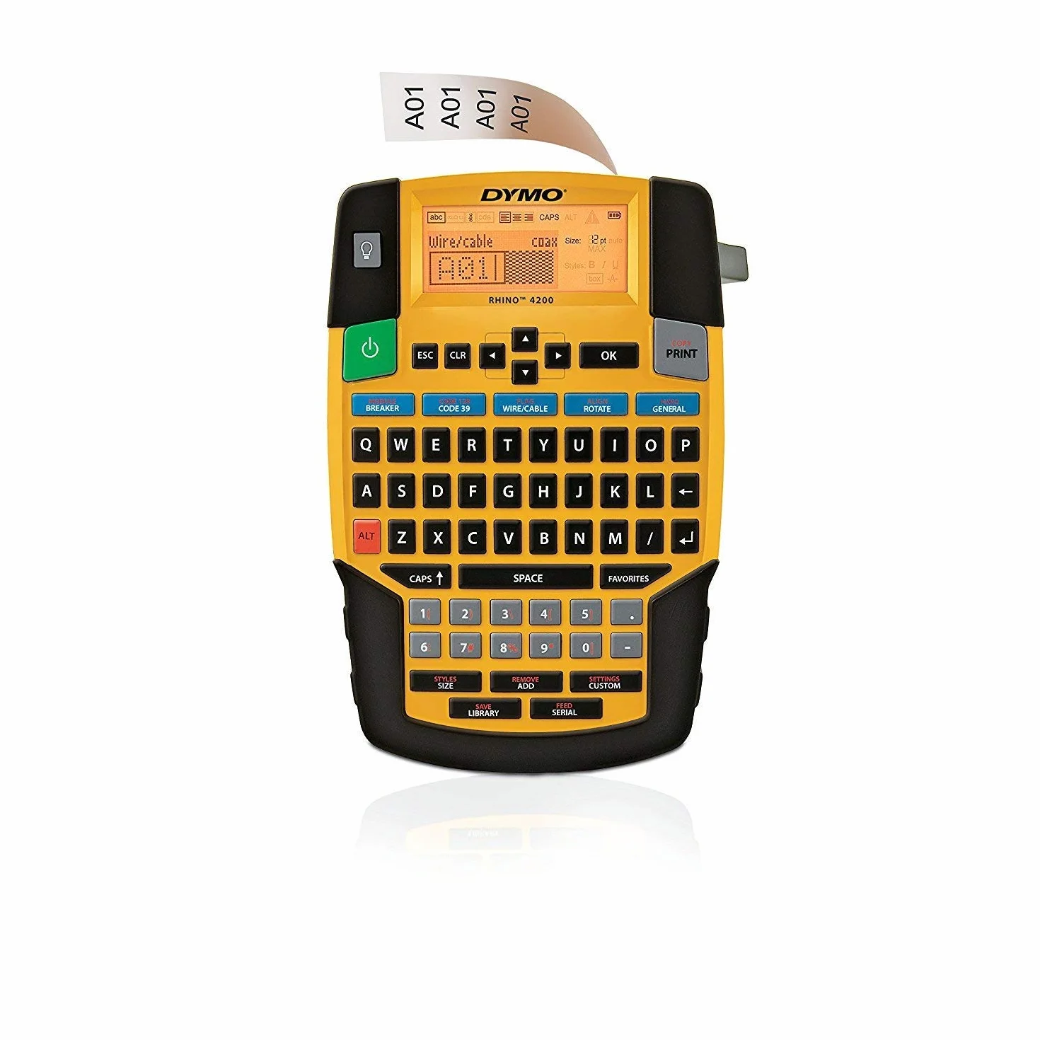 DYMO RHINO 4200 Kit imprimante étiquettes transfert thermique noir jaune QWERTY 1,9 cm Code 128 39 AA