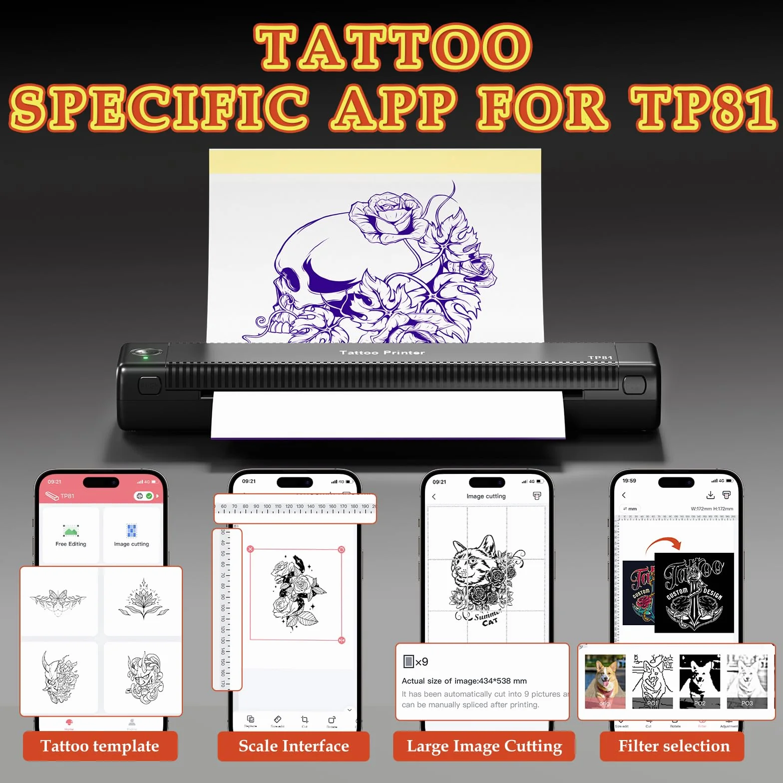TP81 Imprimante Tatouage Thermocopieur avec 10 Feuilles A4 Papier Transfert, Compatible iPad & Phone & PC