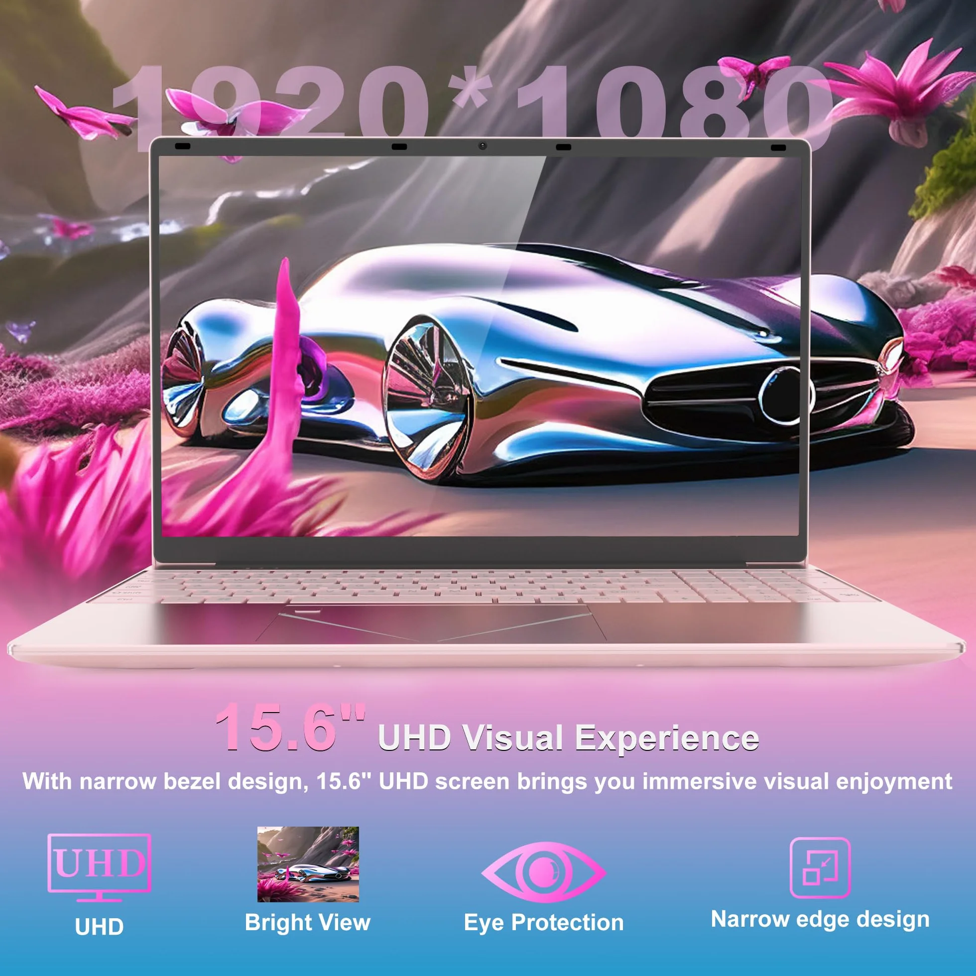 Ordinateur Portable 15,6 Pouces Rose, FHD 1920x1080, Processeur N95 3,4 GHz, 16 Go DDR4 RAM, 512 Go SSD, Léger pour Étudiants