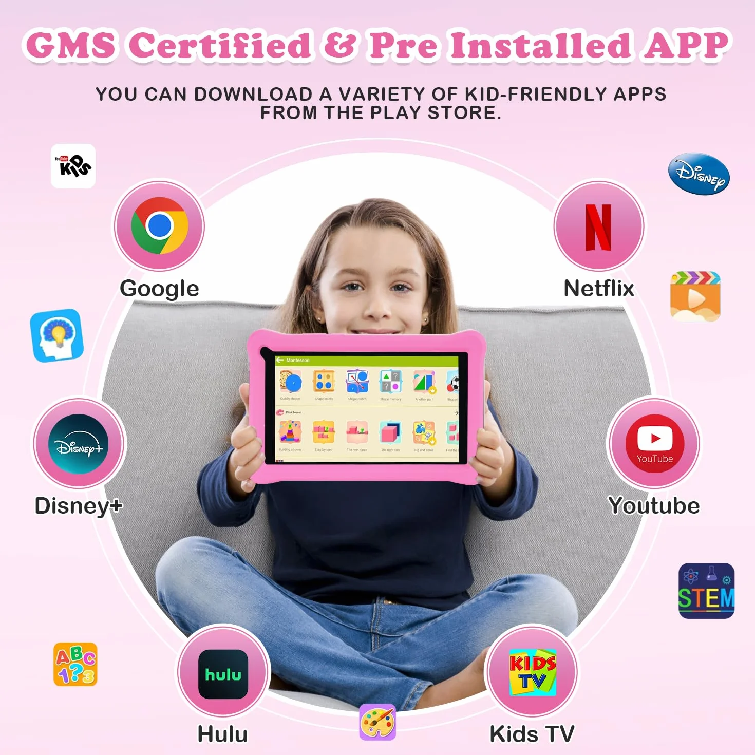 Tablette Enfants 7 Pouces Android Éducative 8Go RAM 64Go ROM TF 256Go Contrôle Parental Bluetooth WiFi Étui Antichoc EVA Rosa