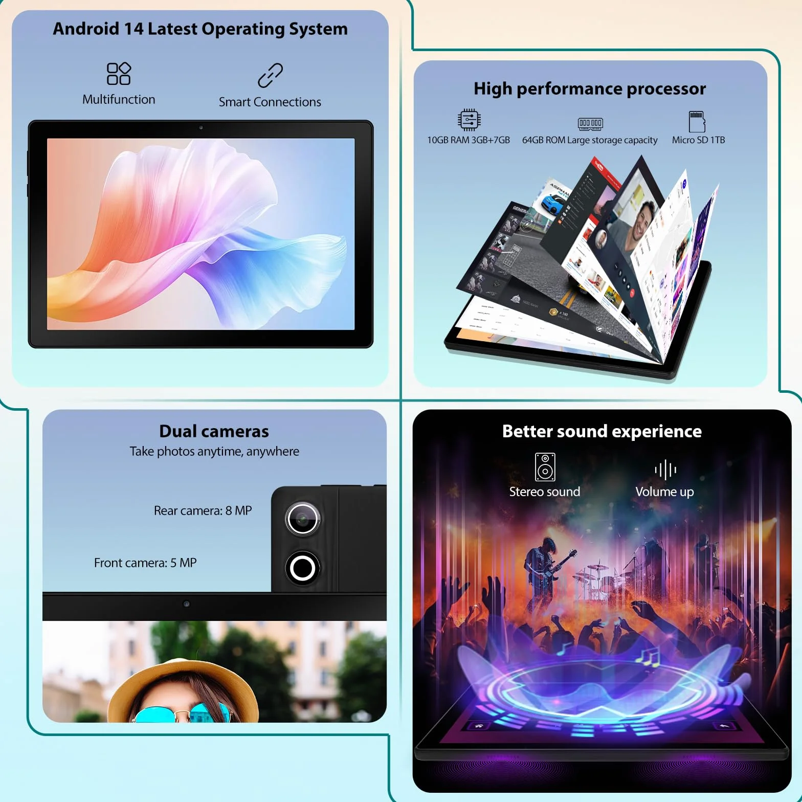 Tablette 10 Pouces Android 15 Octa-Core 24Go 64Go 1To TF WiFi 6 BT 5.3 Batterie 5000 mAh Noir
