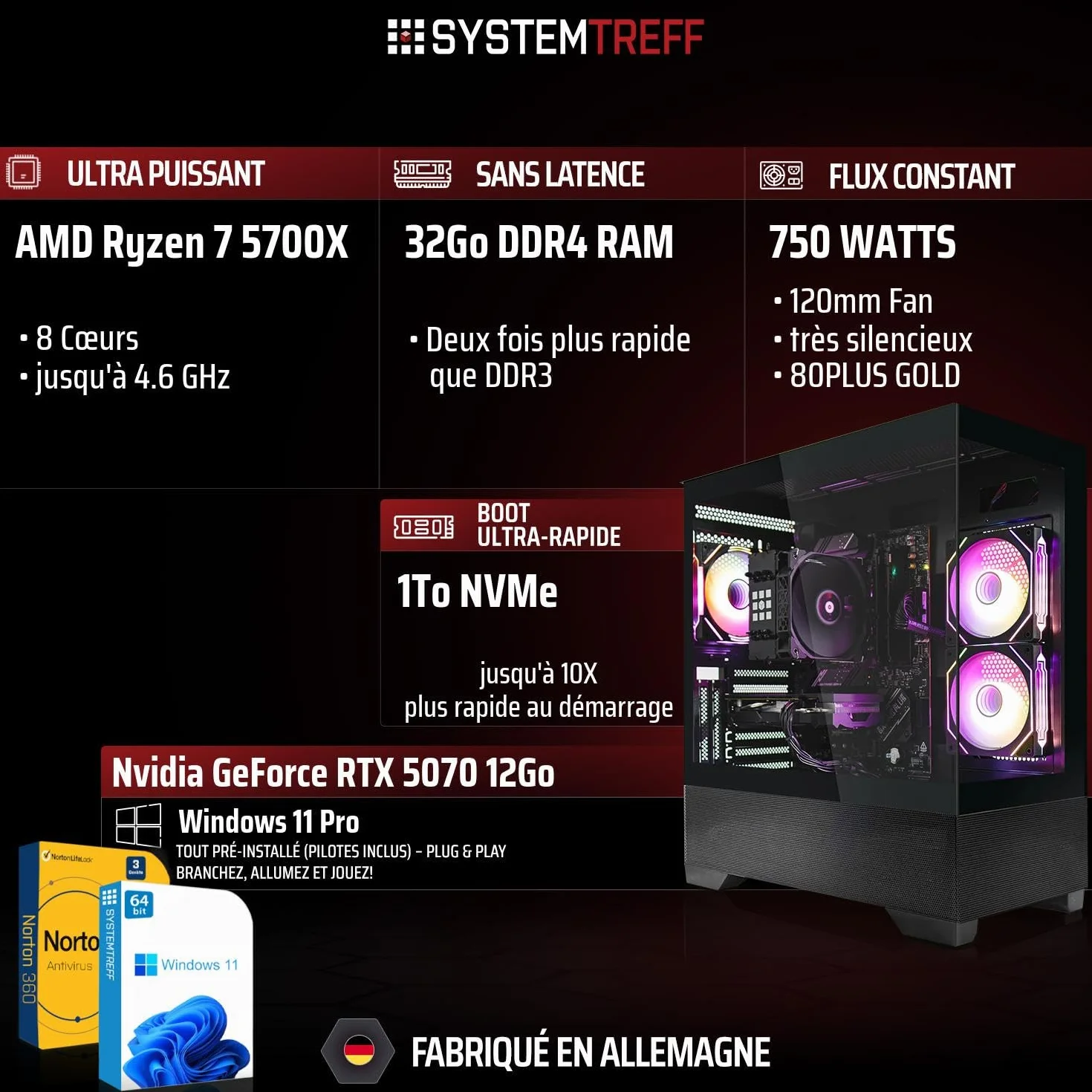 SYSTEMTREFF PC Gamer AMD Ryzen 7 5700X 8x4.6GHz Nvidia RTX 5070 12 Go DX12 1To M.2 NVMe 32Go DDR4 RAM Windows 11 Ordinateur de Bureau