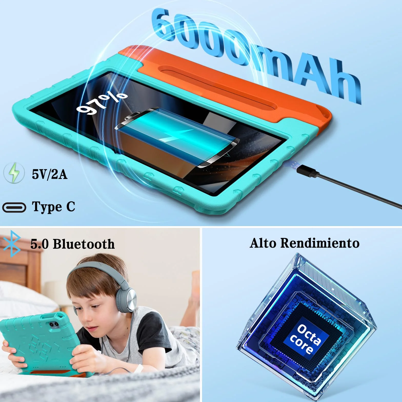 ZIOVO Tablette Enfants 10 Pouces Android 15, 30Go RAM+64Go ROM, 5G WiFi, Octa-Core, 6000 mAh, Vert