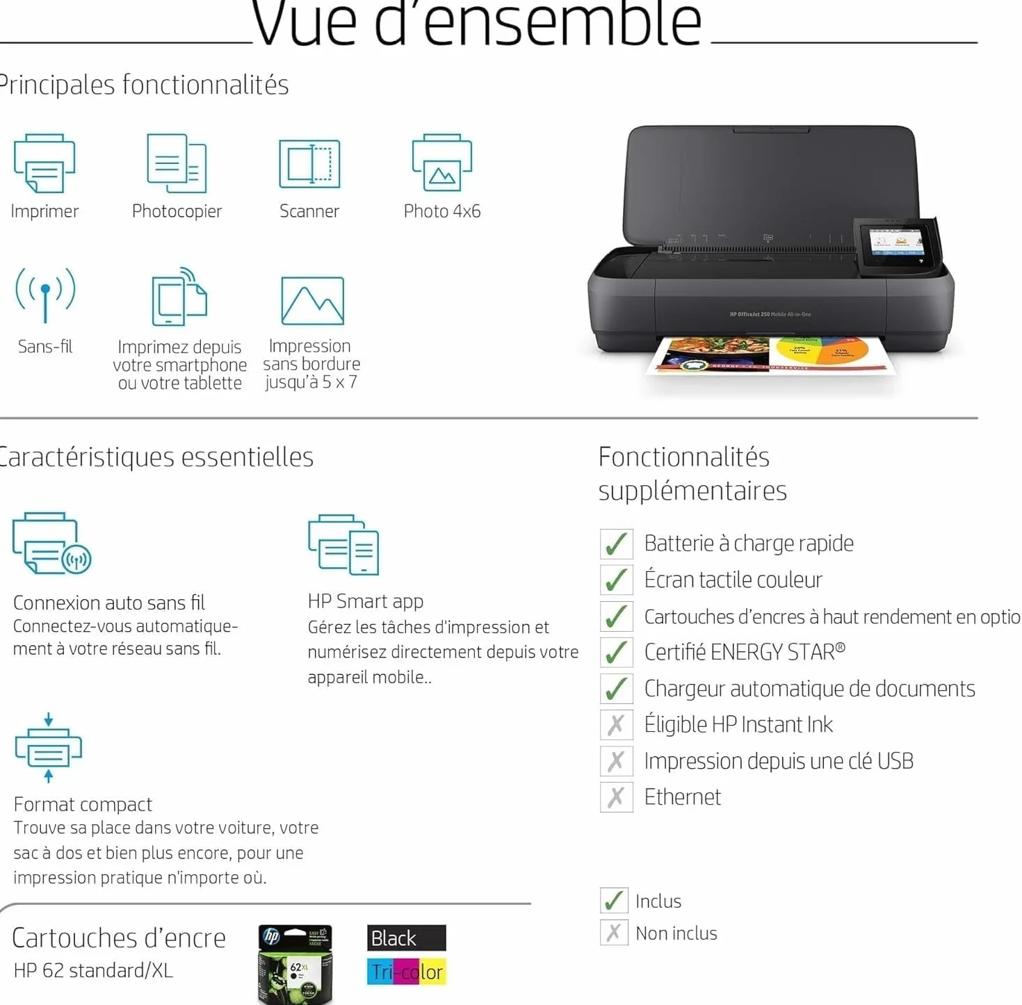 HP OfficeJet 250 Imprimante Tout-en-Un Portable, Impression Copie Numérisation 600 dpi, Wi-Fi USB, Noire