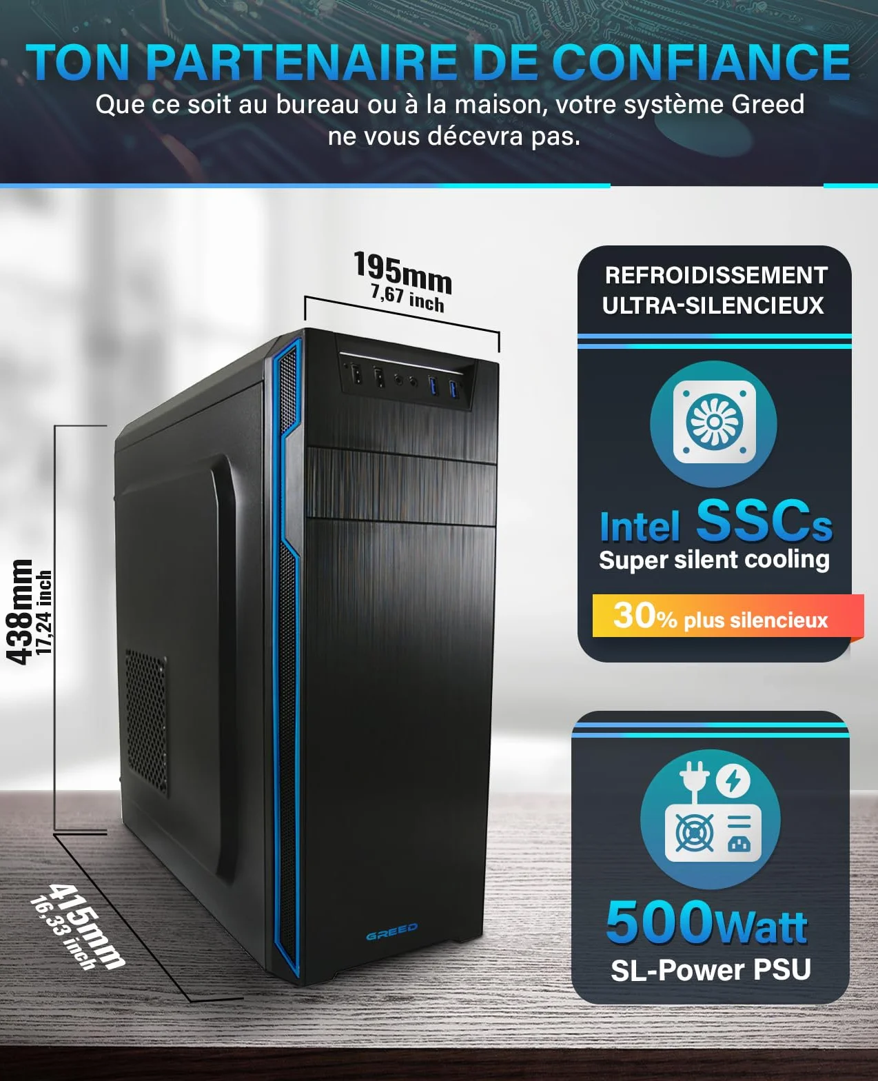 Greed PC Ultra V2 Intel Core i7 12700 4,9 GHz 16 Go RAM 1 TB SSD + 1 TB HDD DVD+RW USB3.1 Wi-Fi Windows 11 Pro