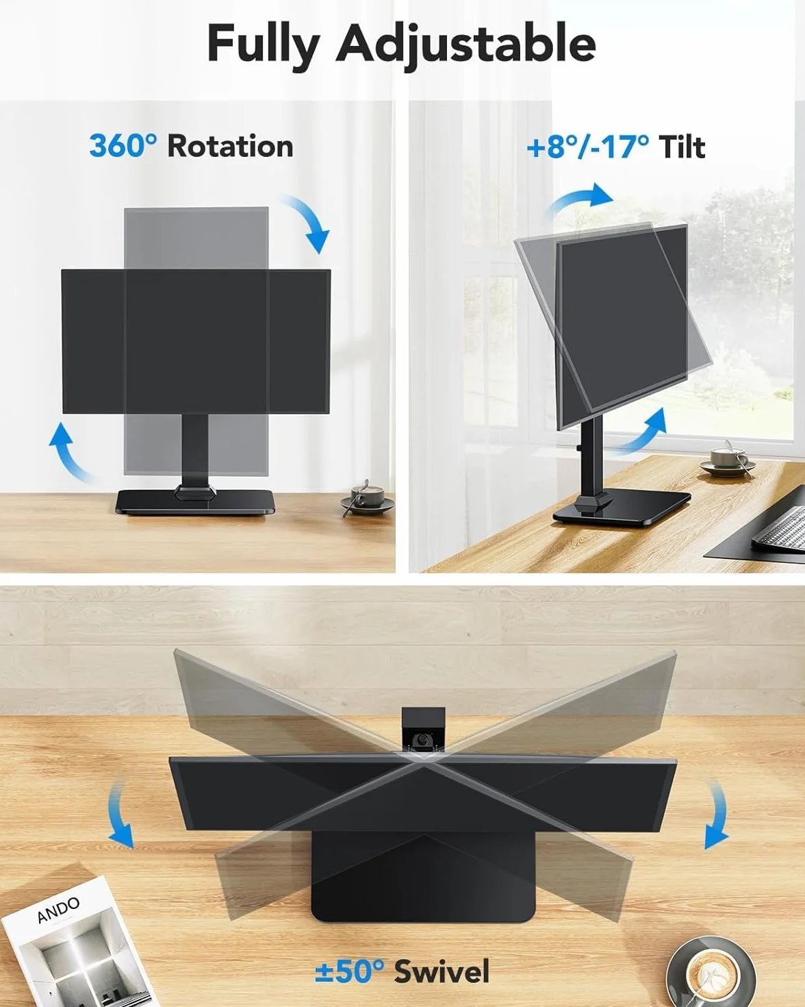HUANUO Support Écran PC VESA Autonome 13-34 Pouces 20 kg 5 Hauteurs Bras Pivotant Rotation 360° VESA 75/100 mm Gaming