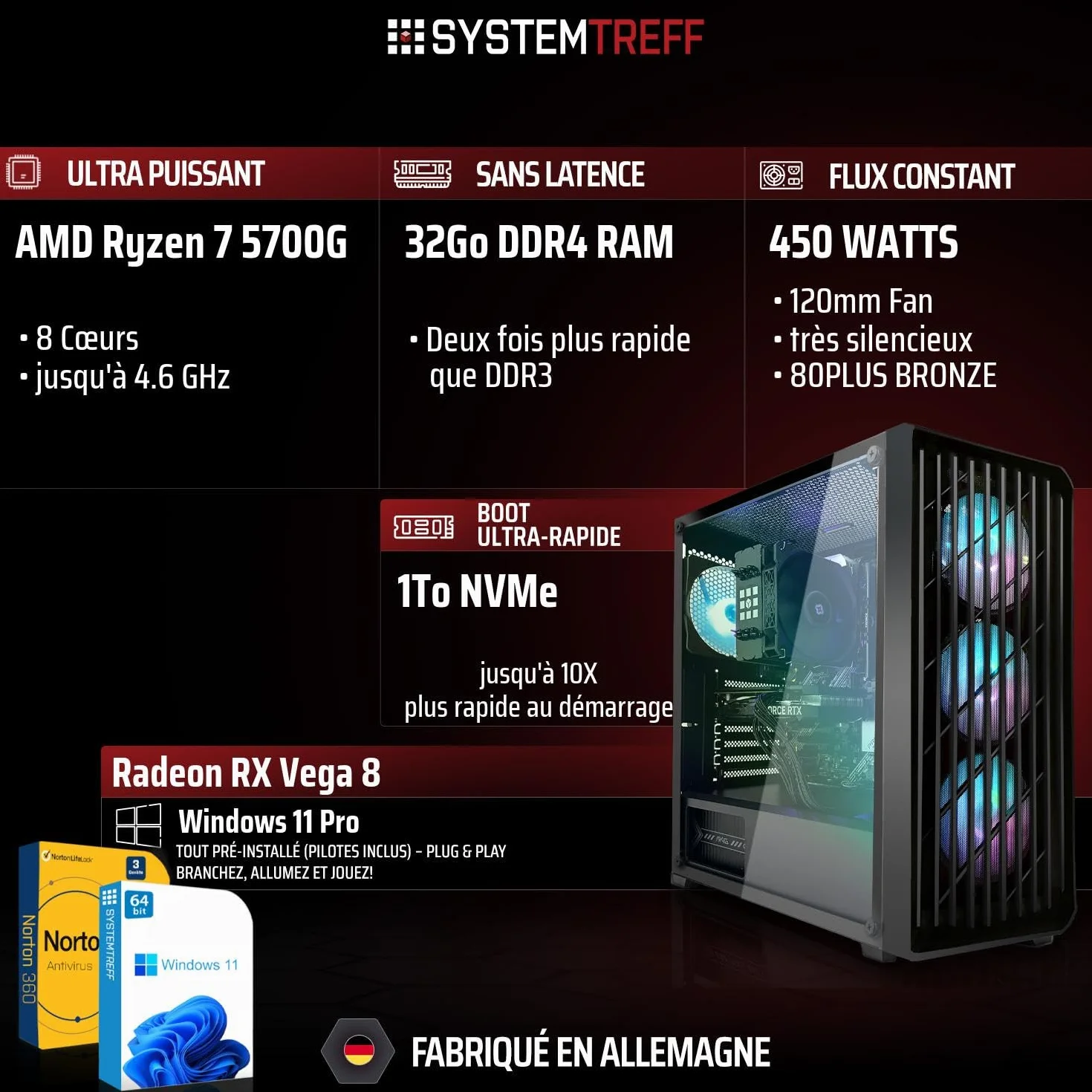PC Gamer AMD Ryzen 7 5700G 8x4.6GHz Radeon RX Vega 8 1To M.2 NVMe 32Go DDR4 RAM Windows 11 Ordinateur de Bureau WLAN