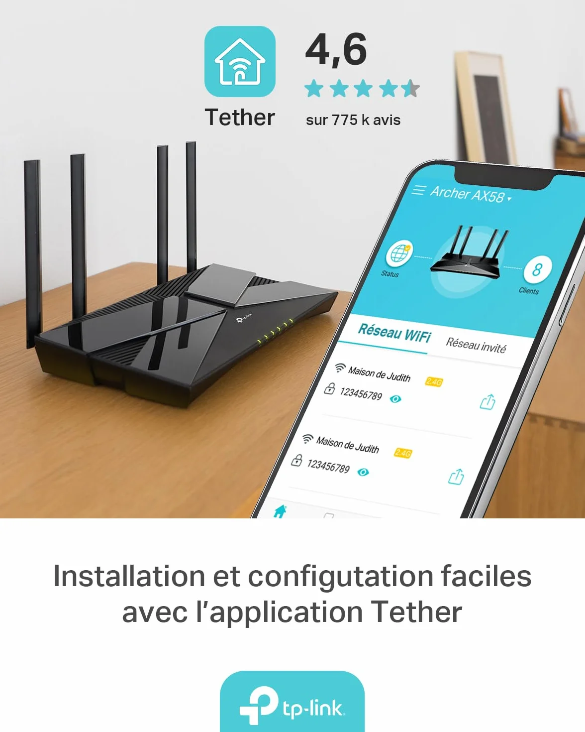 TP-Link Archer AX58 Routeur WiFi 6 AX3000 Mbps bi-Bande 5 Ports Gigabit 4 Antennes Haute Performance WPA3 EasyMesh