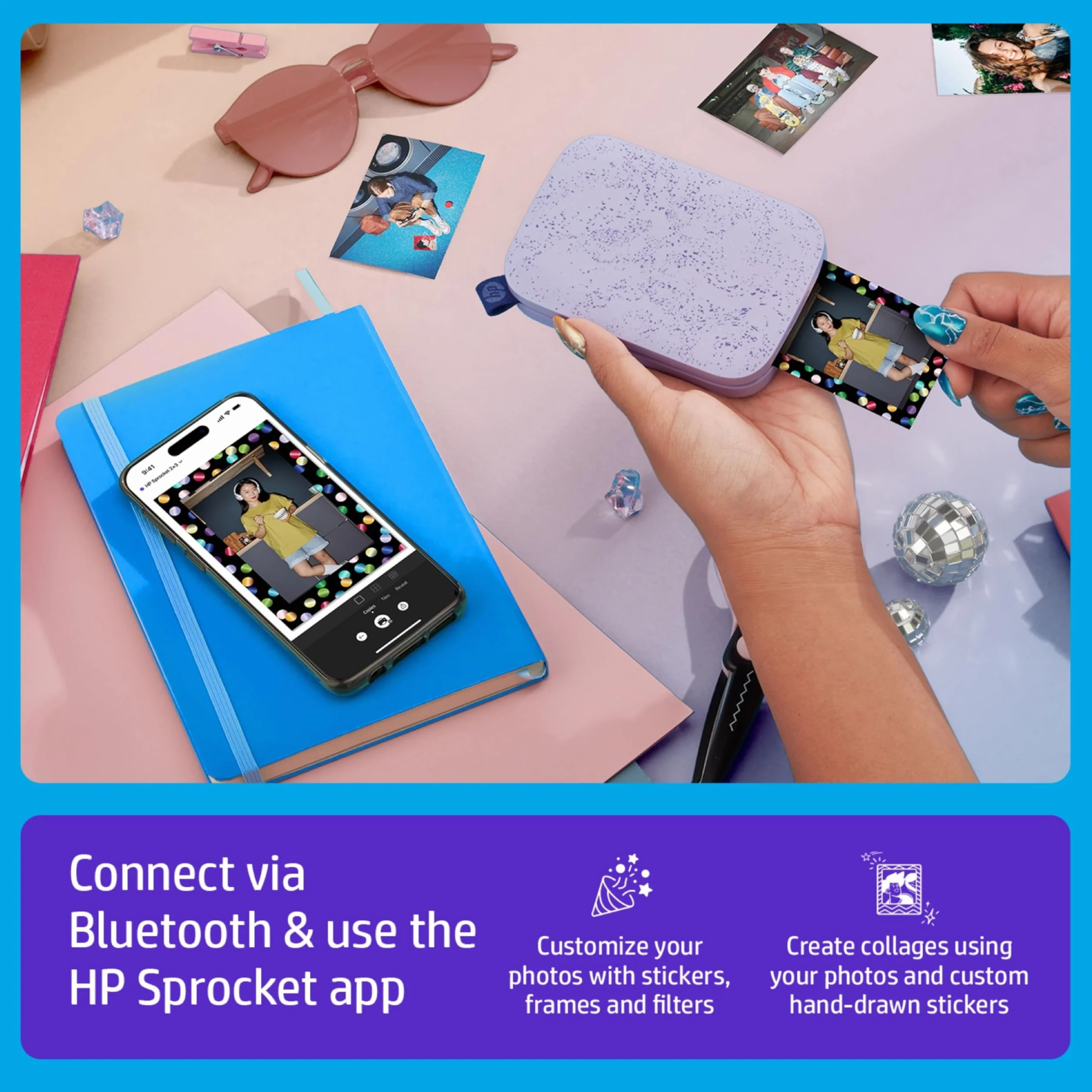 HP Sprocket Imprimante Photo Instantanée Portable 2x3 Pouces Violet Papier Zink