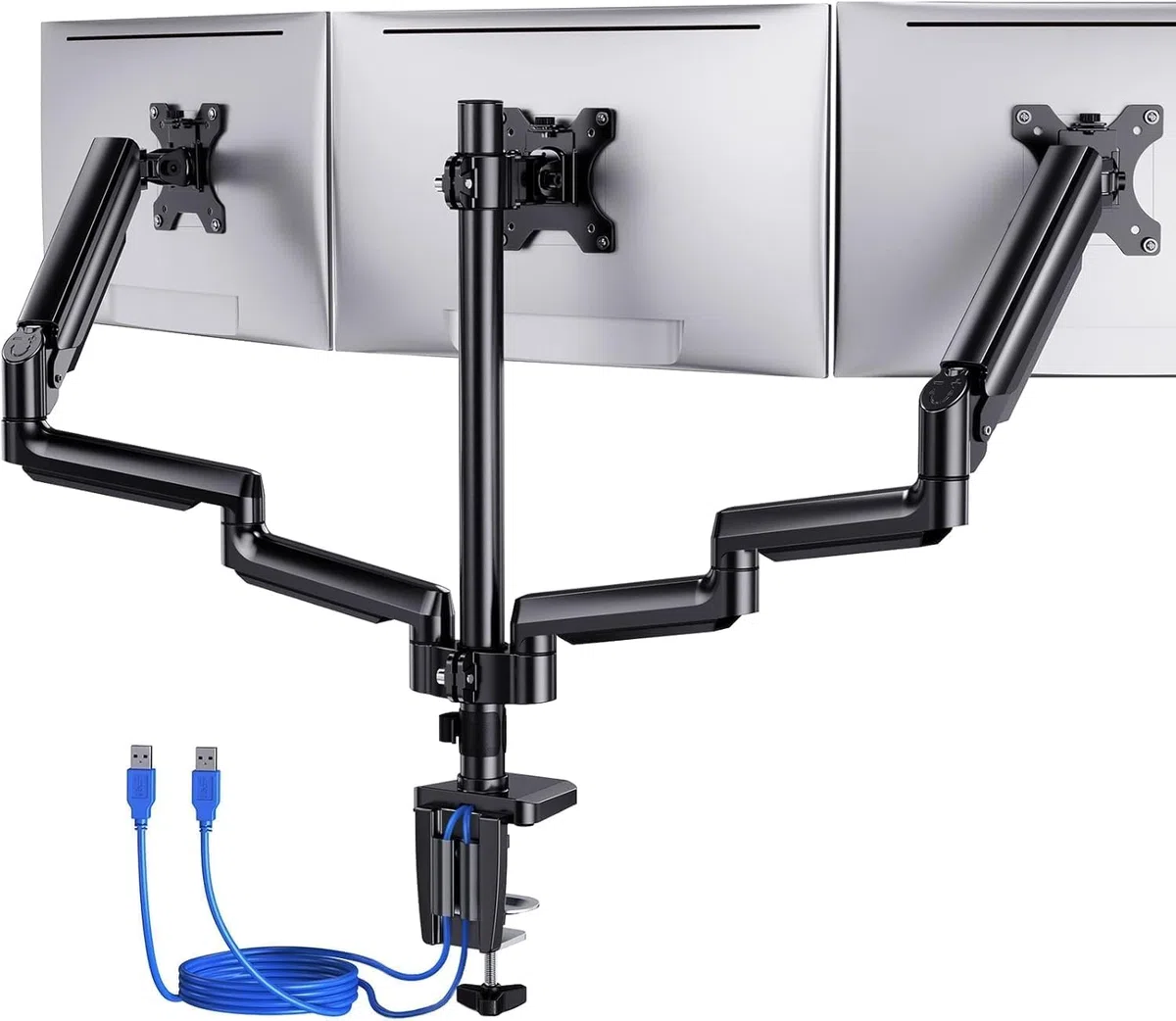 ErGear Support Ecran PC 3 Ecrans 13-27'', 3 Bras à Gaz avec Ports USB, Réglable en Hauteur, VESA 75/100 mm Gaming