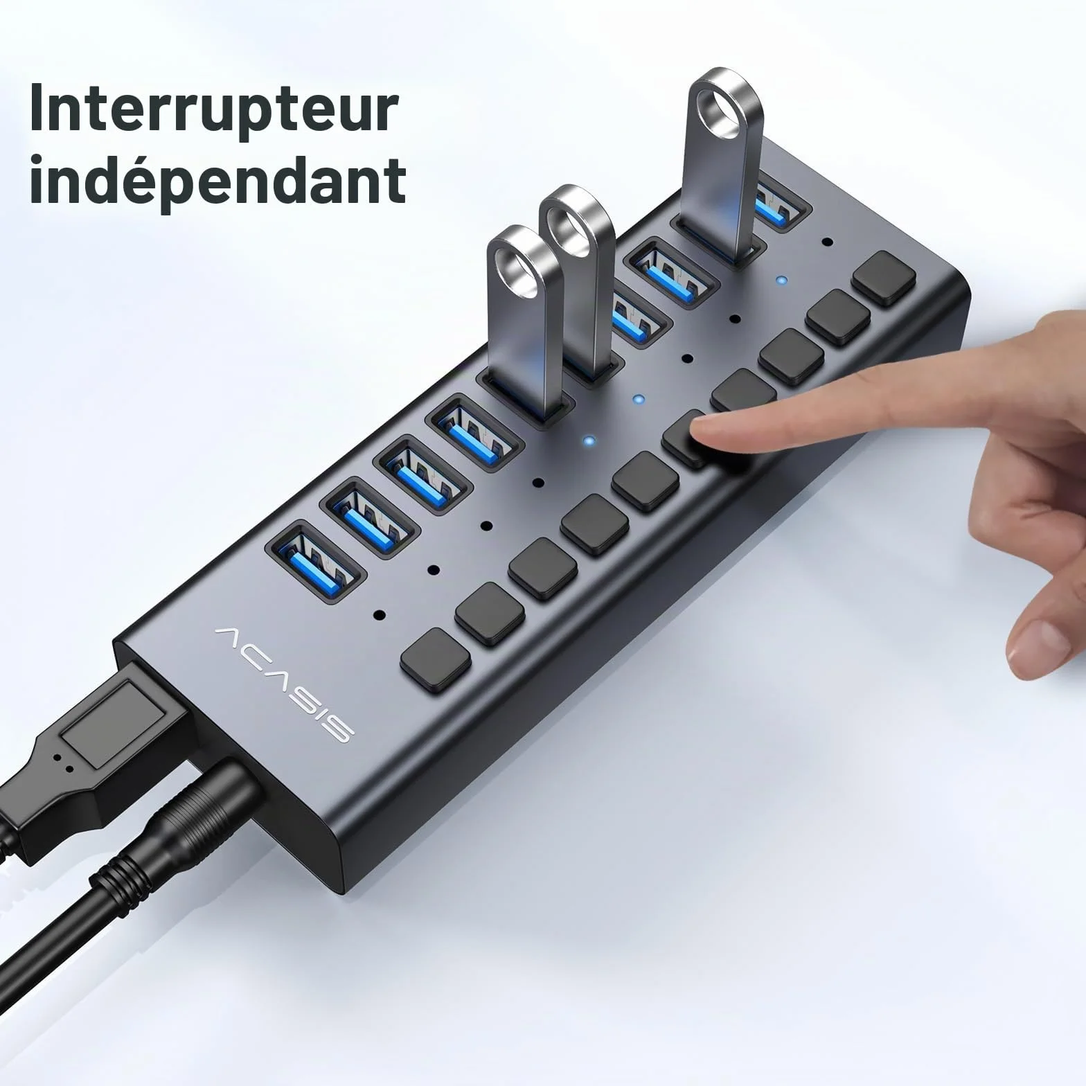 ACASIS Hub USB 3.2 10 Ports, 10Gbps avec Interrupteurs Individuels, 48W Alimentation