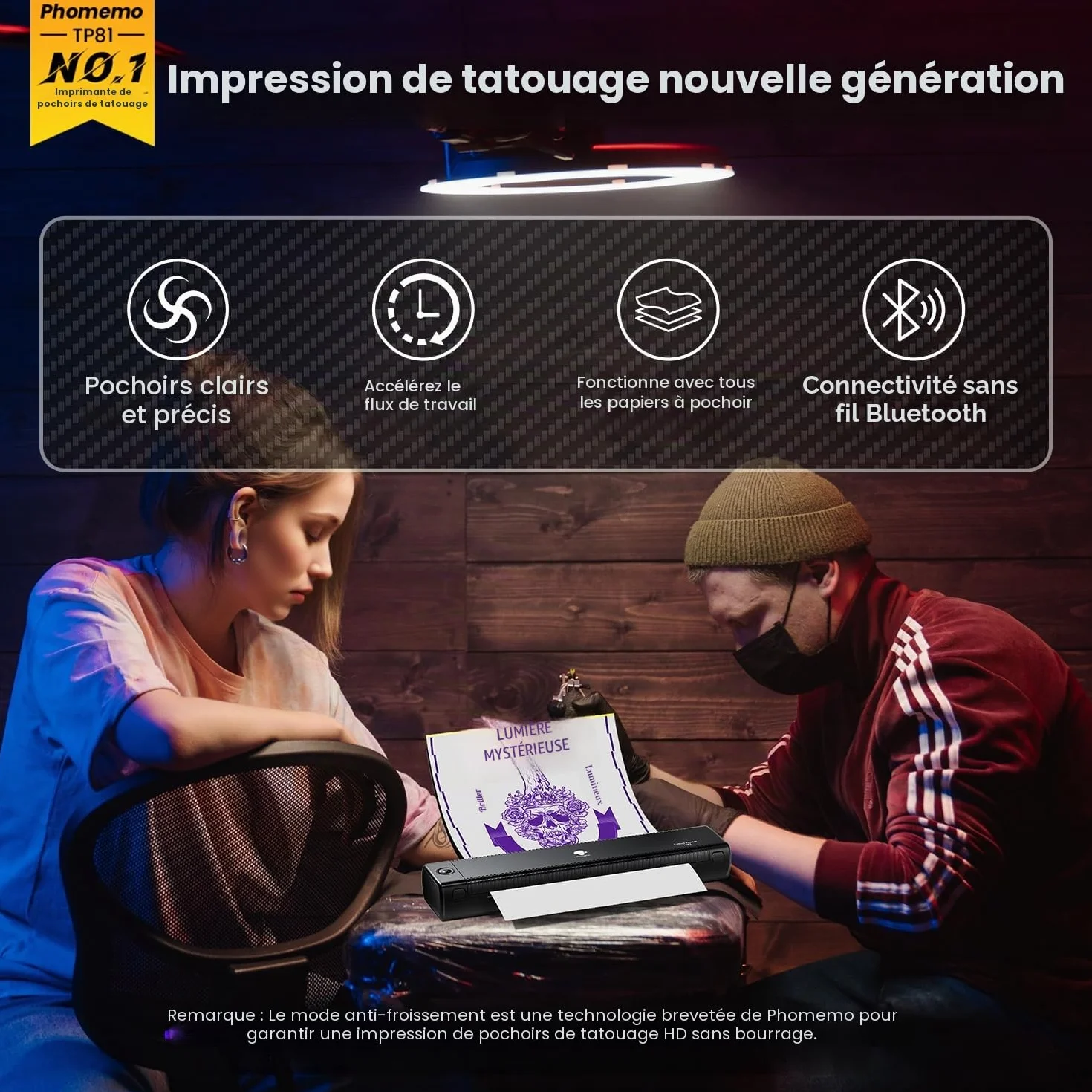 Phomemo TP81 Imprimante Thermique A4 Tatouage Stencil Compatible iOS Android Mac