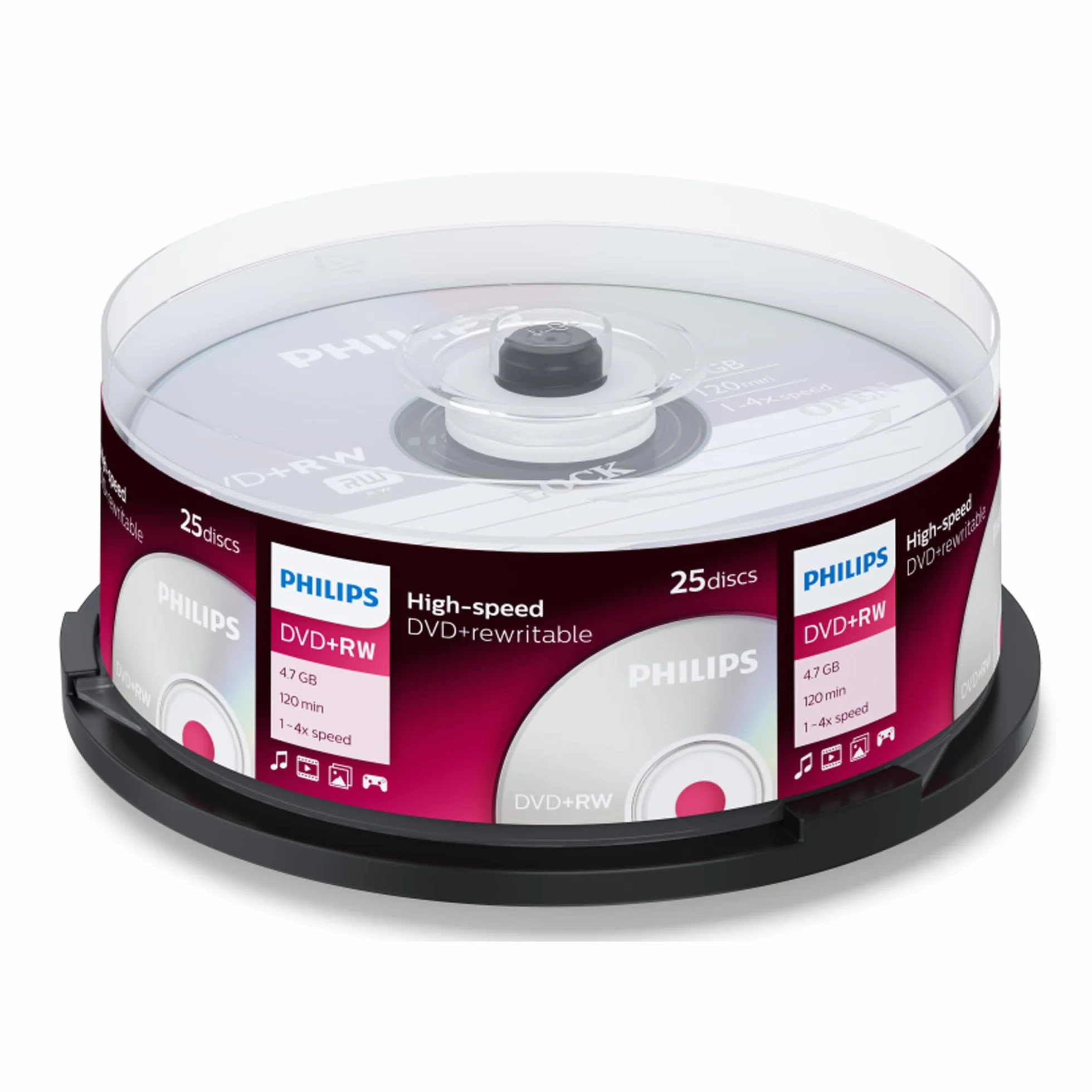 Philips DVD+RW High-Speed 4,7 Go 120 Min 1-4x Cake Box 25 pièces réinscriptible