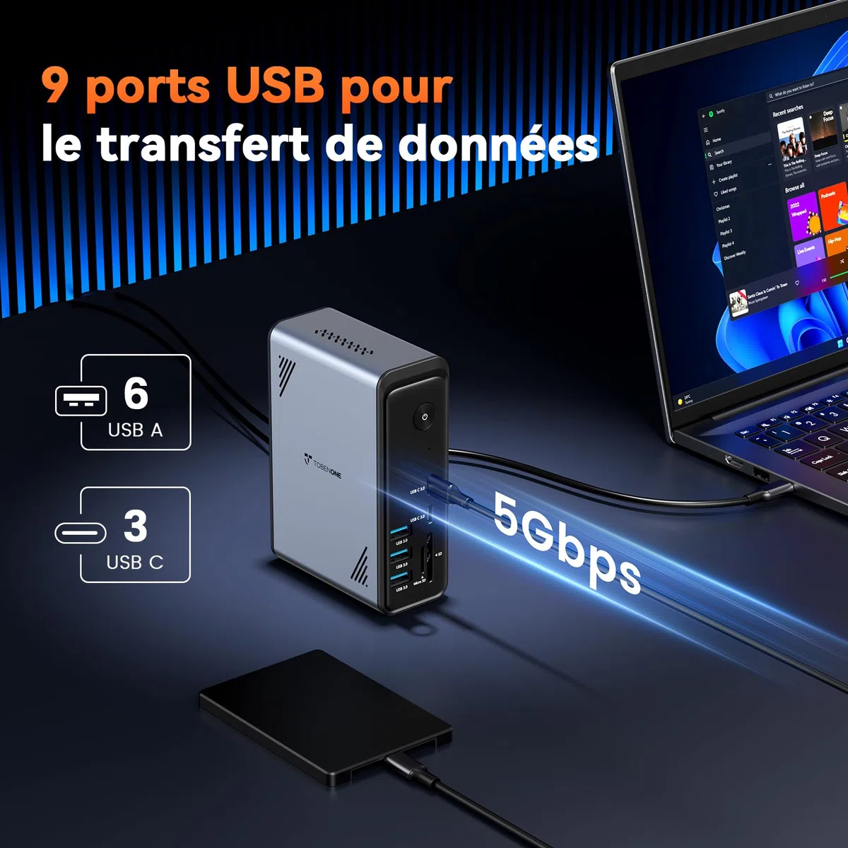 TobenONE Station d'accueil pour ordinateur portable 18 en 1 avec 3 moniteurs, triple écran 4K, 3 ports HDMI, 9 ports USB, Gigabit Ethernet, PD3.0, pour ordinateurs portables Windows/Dell/Lenovo/HP