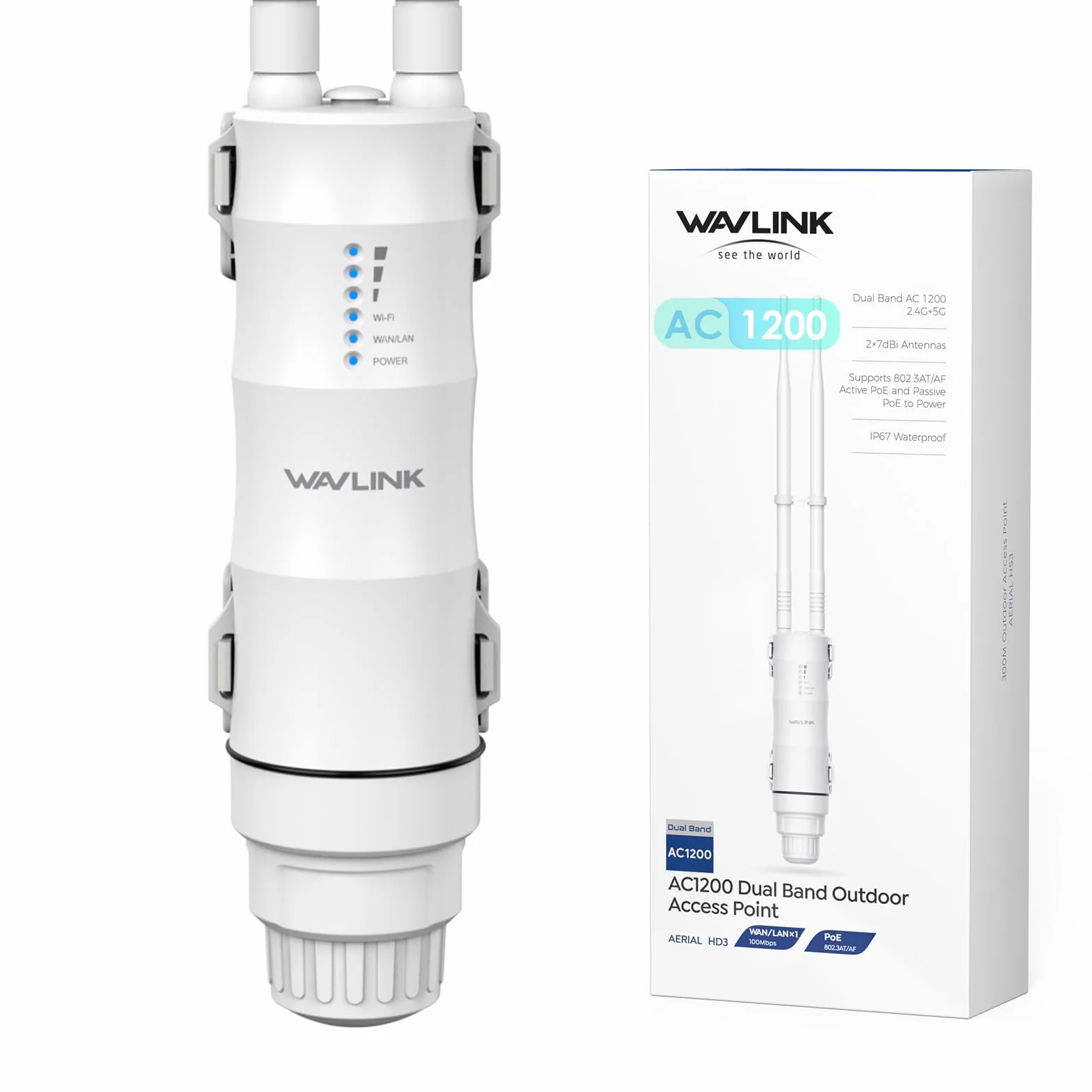 WAVLINK AC1200 Répéteur WiFi Extérieur Longue Portée PoE IP67 Étanche Double Bande 2.4G 5G Point d'Accès Outdoor Antennes Puissantes