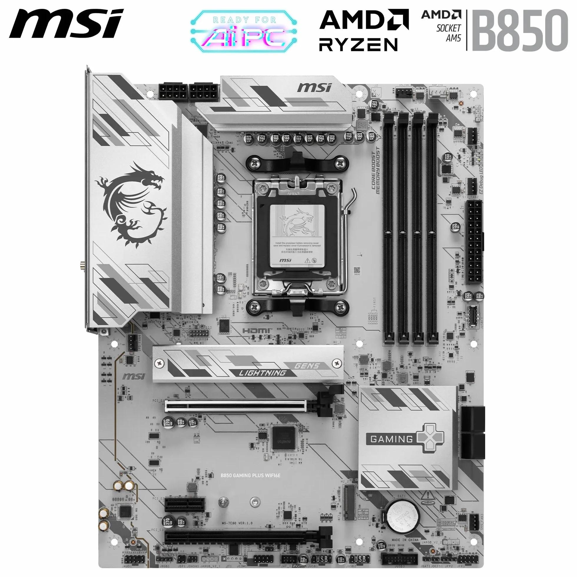 MSI B850 Gaming Plus WIFI6E Carte mère ATX pour AMD Ryzen 9000/8000/7000 AM5 DDR5 PCIe 4.0 M.2 Gen5 Wi-Fi 6E 2.5G LAN