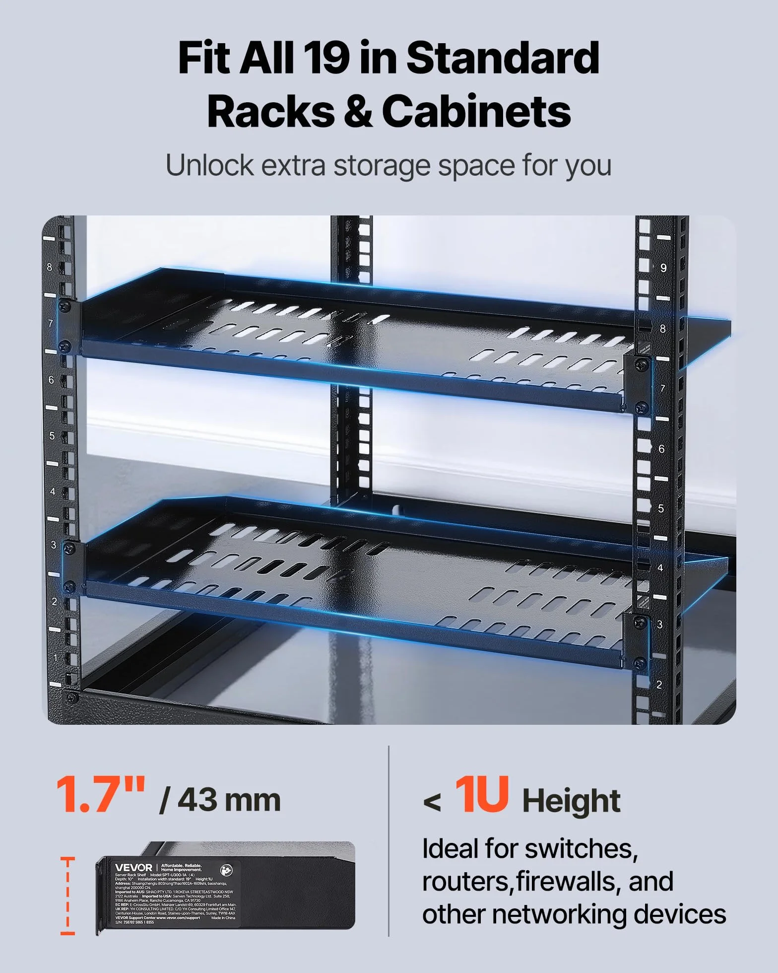 VEVOR Étagère Rack Serveur 1U Lot de 4 Profondeur 25,4 cm Charge 22,68 kg Montage Rack Mural Plateau Ventilé