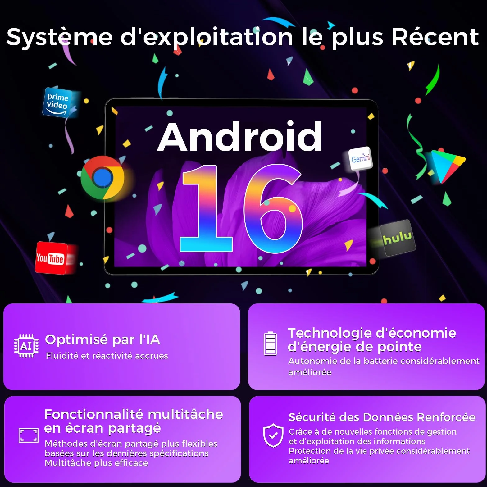 Tablette 10 Pouces Android 16 Gemini AI 16Go RAM 64Go ROM 1To TF Widevine L1 WiFi 6 BT 5.2 5000mAh Identification Faciale