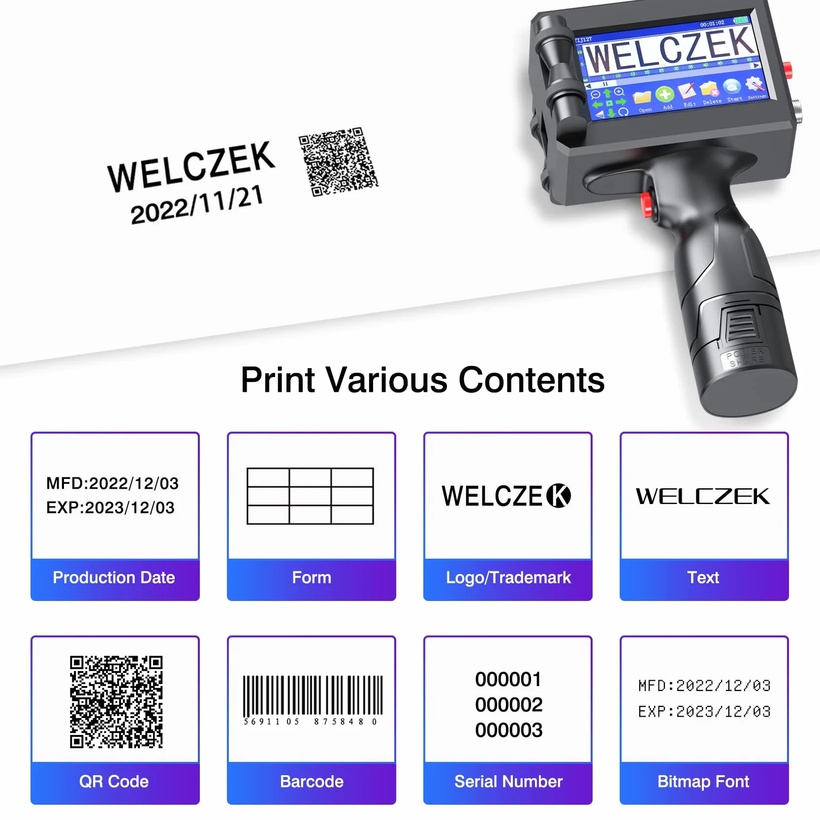 Imprimante à Jet d'encre Portable TIJ127 pour Code QR, Code-Barres, Date, Logo, Texte