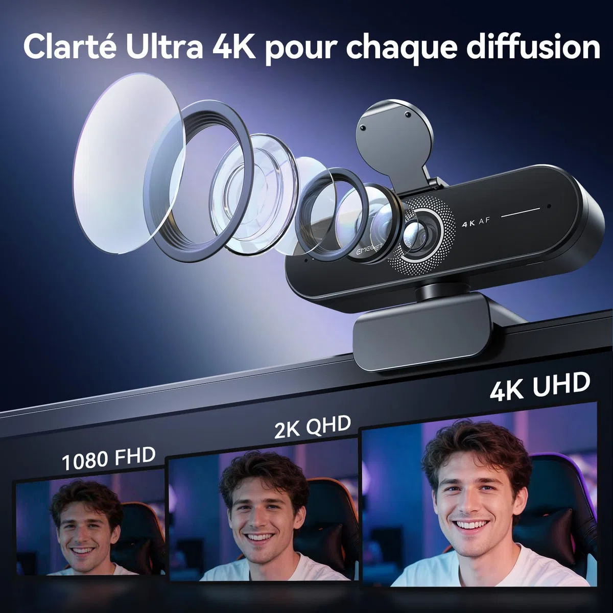 eMeet C60E 4K Webcam, Mise au Point Automatique PDAF, Double Microphone, Caméra de Streaming USB Plug & Play pour PC Mac