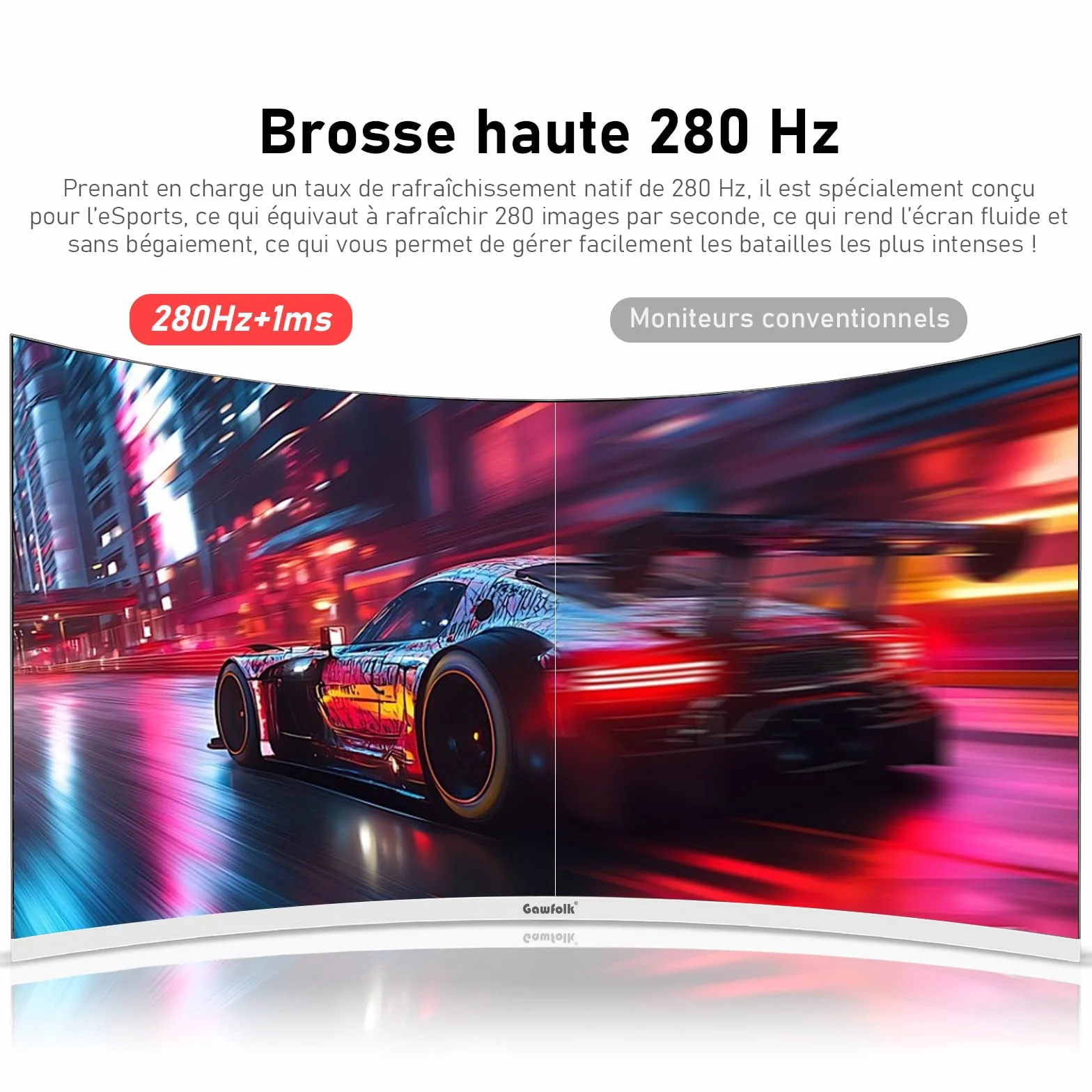 Gawfolk Écran PC 27 Pouces incurvé 280Hz Gaming Moniteur, 1800R, 1ms, FHD 1080p, HDMI, DisplayPort, 100x100mm Blanc