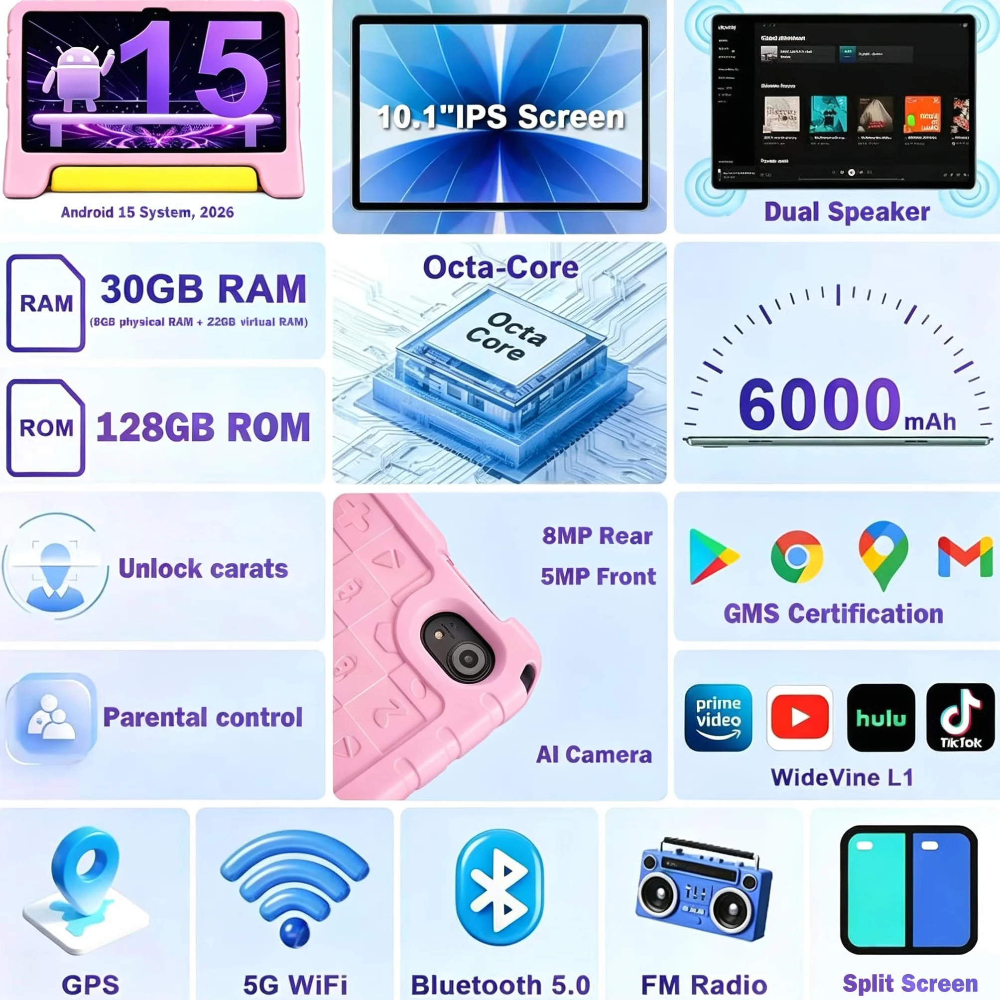 SUMTAB Tablet for Kids 10" HD, Android 15, 30GB RAM 128GB ROM, 5G WiFi 6, Octa-Core, 8000mAh, Stylus – Rose