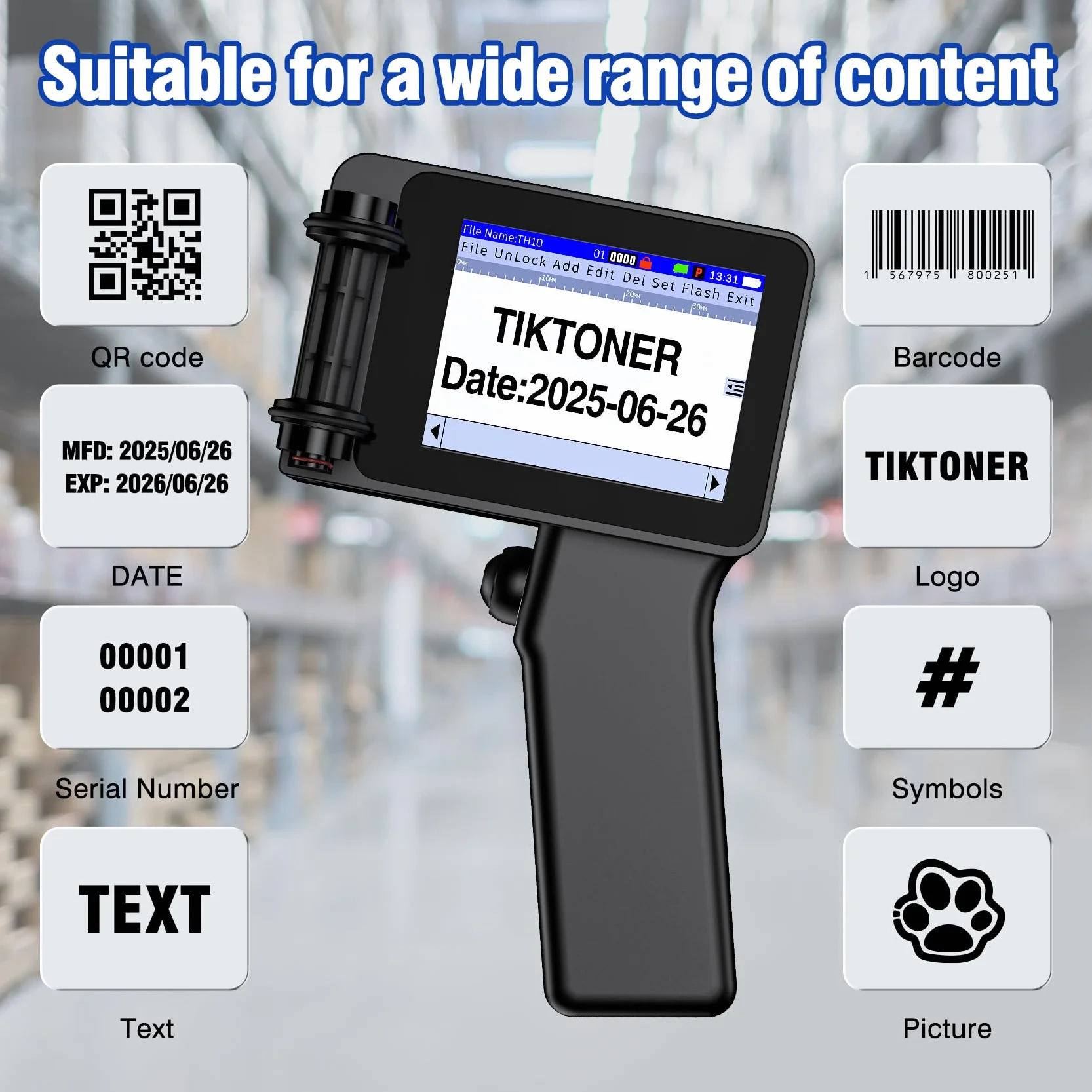 Imprimante à Jet d'encre Portable TH10 Mini 42ml Hauteur d'impression 2-12,7mm Codage Date Texte QR Code