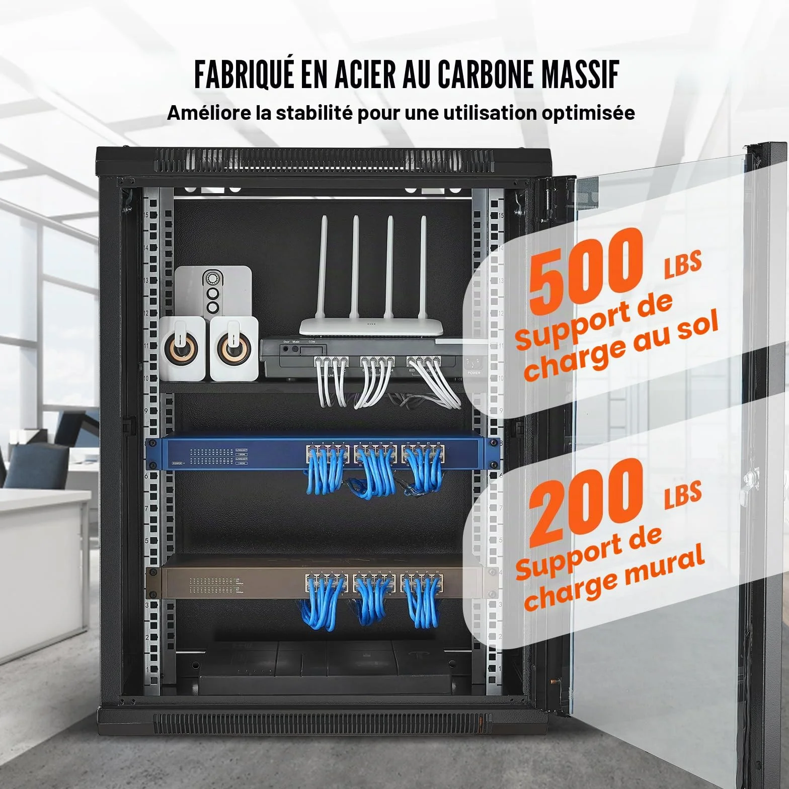 VEVOR Armoire de Serveur Mural 15U, Boîtier Rack Réseau avec Roulettes, Charge 226,8 kg, Porte Verre Trempé Verrouillable, Acier Q235