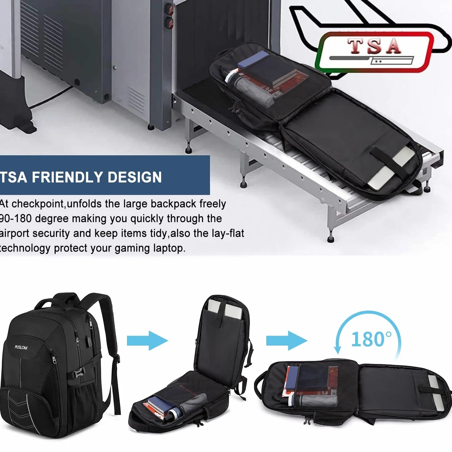 Sac à Dos Homme Grand 55L Antivol Imperméable avec Chargement USB pour Ordinateur Portable Voyage - Noir