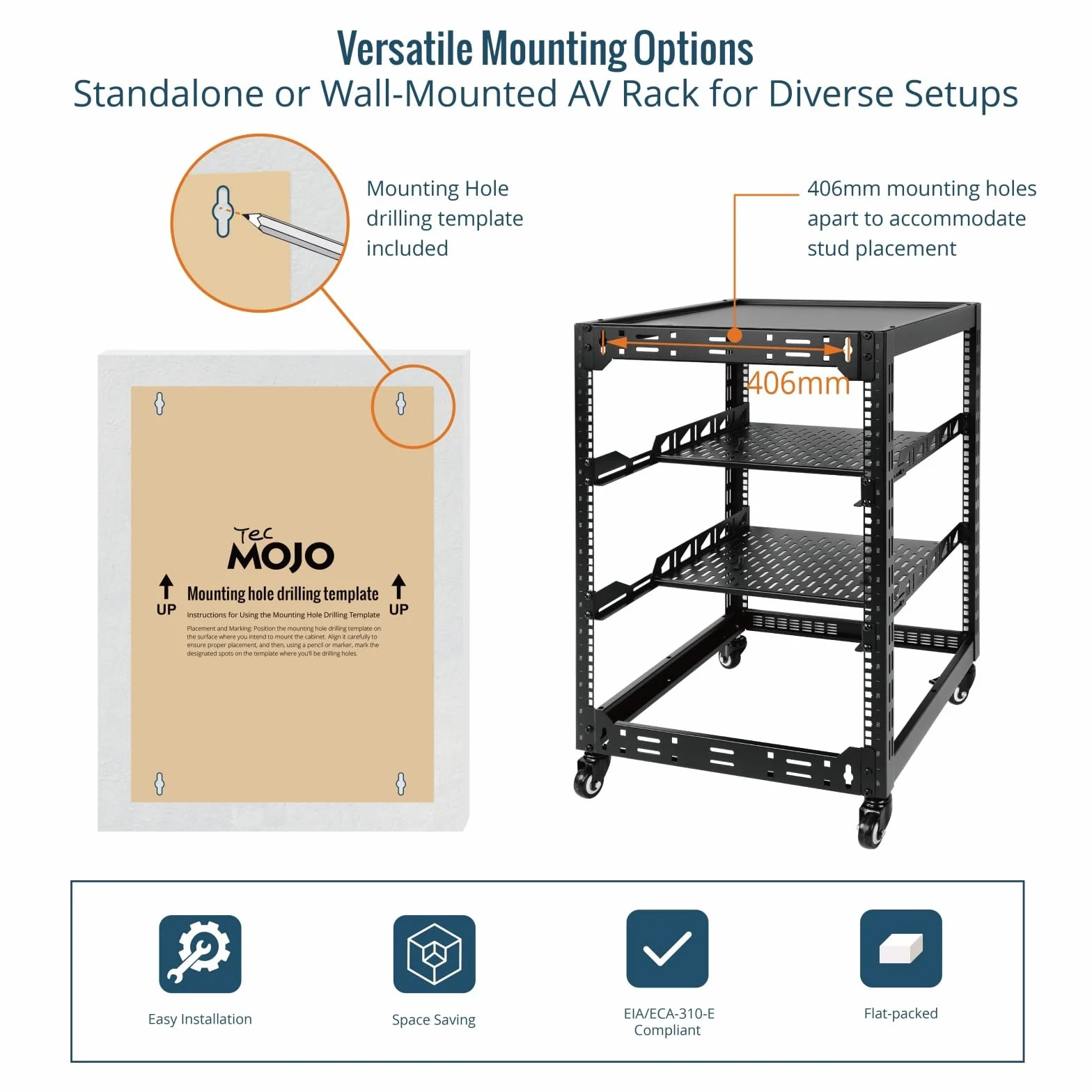 Tecmojo Rack Réseau 19 Pouces 16U à Structure Ouverte, Armoire 4 Montants avec Roulettes, Noir