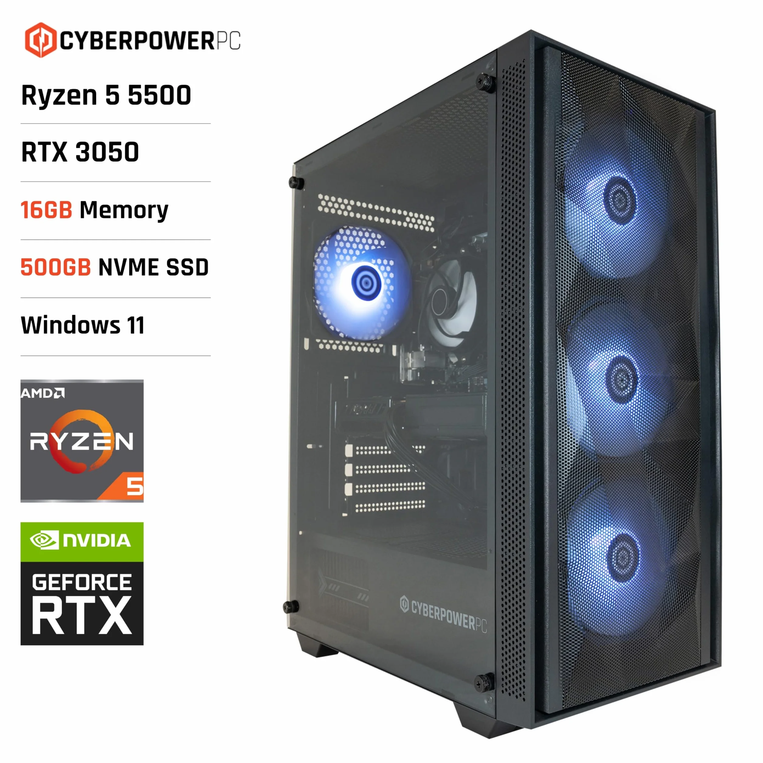 CyberpowerPC Wyvern Gaming PC AMD Ryzen 5 5500 Nvidia RTX 3050 16GB RAM 500GB NVMe SSD 650W PSU Wi-Fi Windows 11