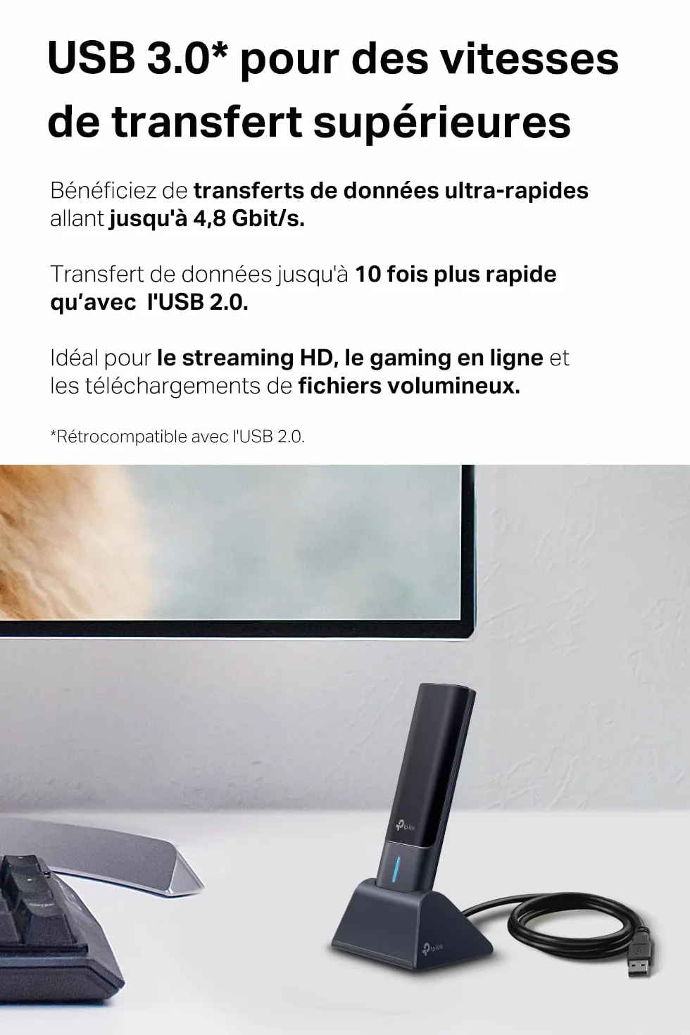 TP-Link Archer TXE70UH Clé USB Wi-Fi 6E AXE5400 Tri-Bande USB 3.0 Antennes Haut Gain WPA3
