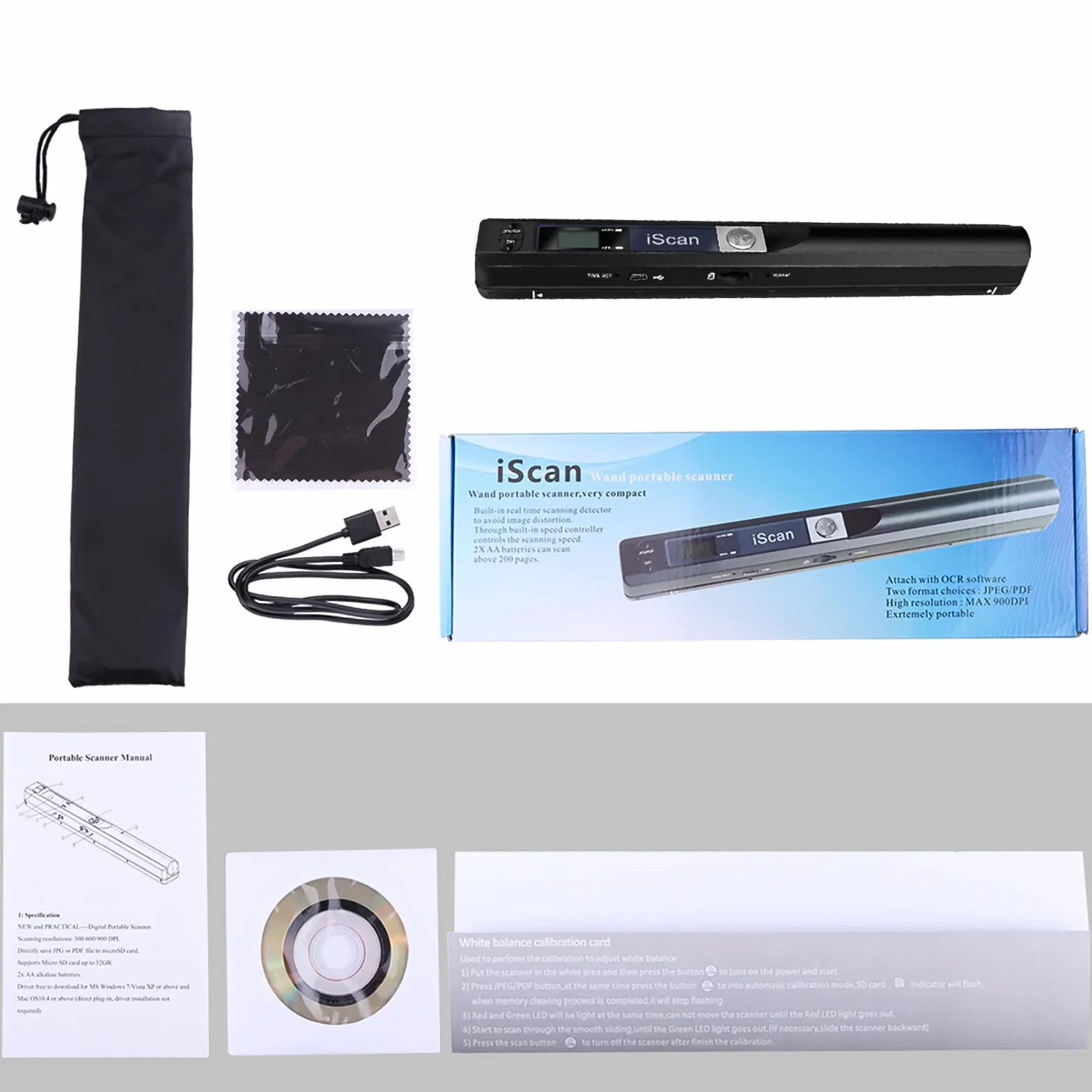 Scanner de Documents Portable USB 900DPI A4 Couleur Numérisation avec Carte 16GTF