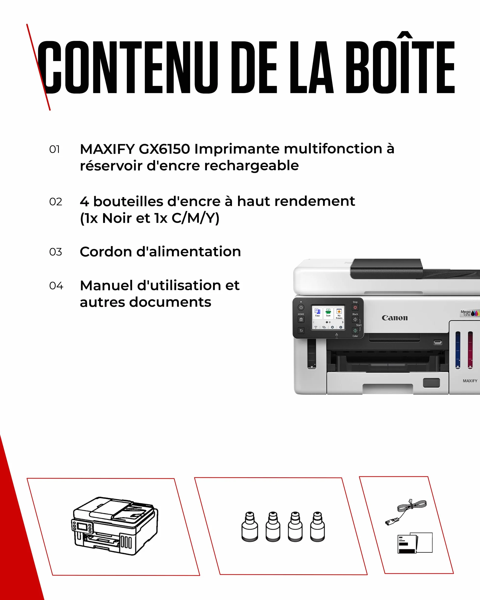 Canon MAXIFY GX6150 Imprimante de Bureau Compacte MegaTank Jet d'encre Couleur sans Fil Tout-en-Un Wi-Fi Ethernet USB