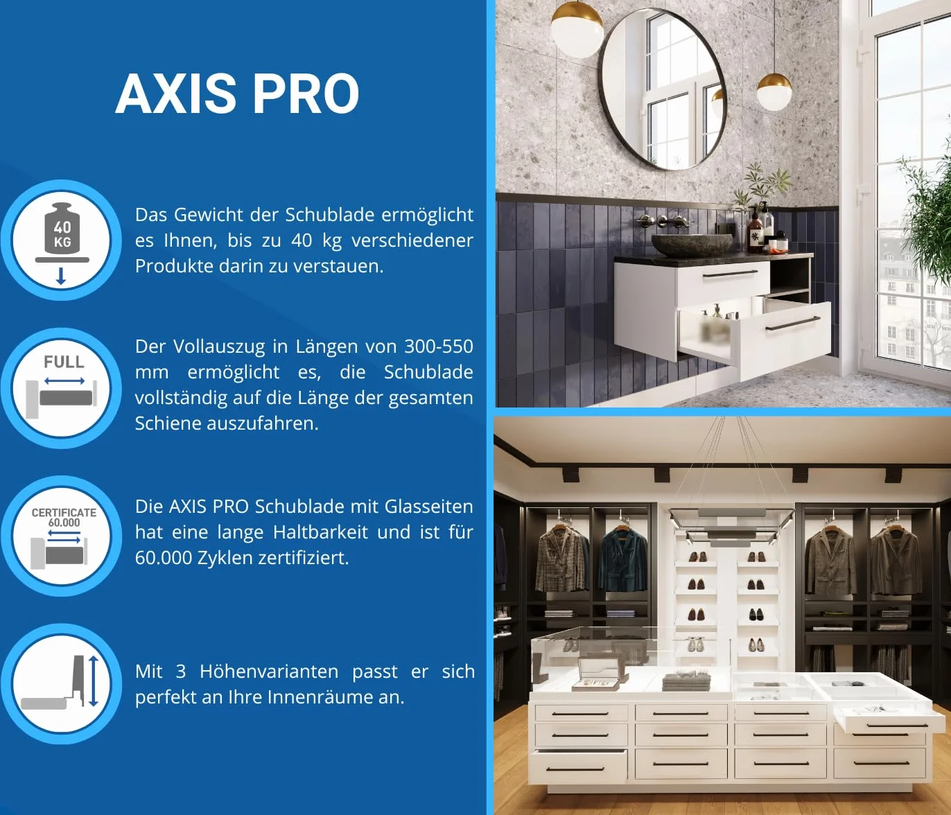 GTV AXIS PRO Système de tiroirs avec côtés en verre 116 mm 450 mm Blanc verre laiteux