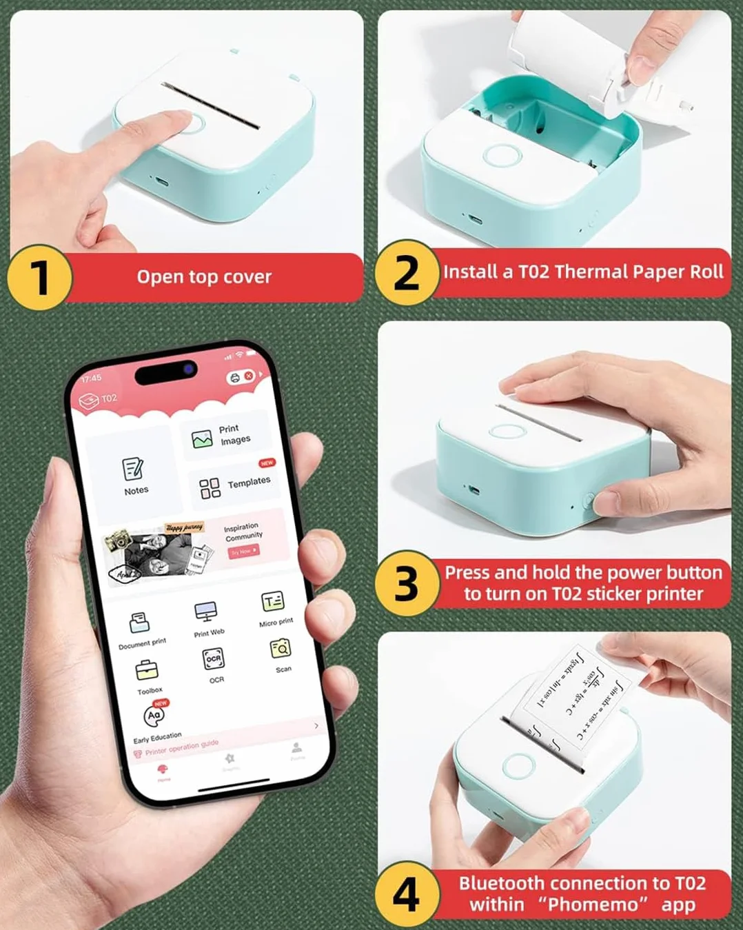 Imprimante Photo Thermique Portable T02 Mini Autocollant pour Apprentissage, Notes, Images, Vert