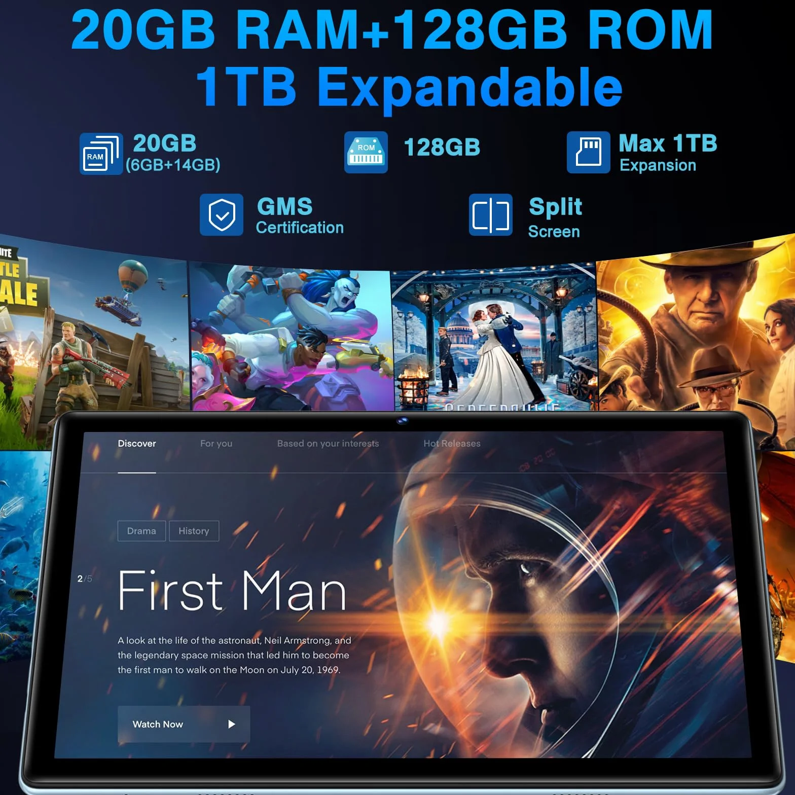 Tablette Android 10 Pouces 20Go RAM 128Go ROM Octa-Core WiFi 6 BT 5.0 GMS Certified Widevine L1 avec Clavier Souris et Cas - Bleu