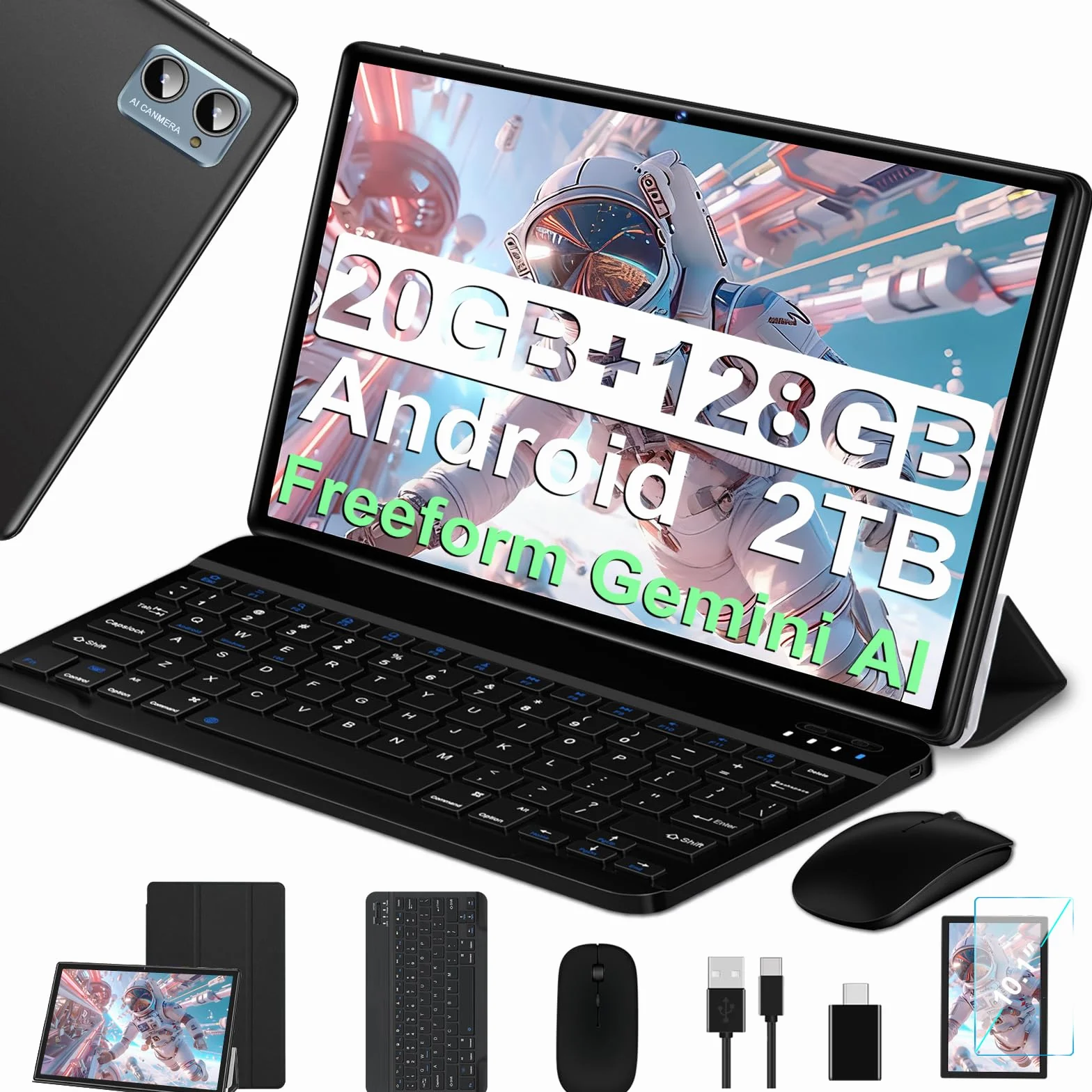 Tablette 10 Pouces Android Octa Core 20Go RAM 128Go ROM 2To TF 5G WiFi FHD GMS Bluetooth 5.0 8MP 5MP Type C Noir avec étui Clavier Souris