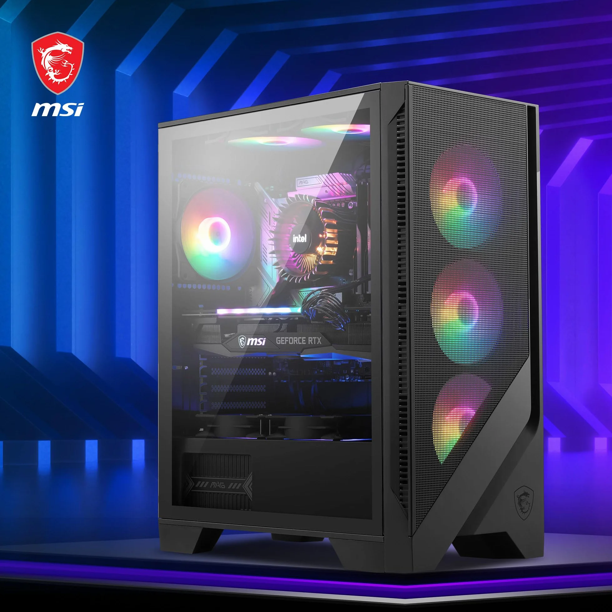 MSI MAG Forge 120A Boîtier PC Moyen Tour ATX, Micro-ATX, Mini-ITX, Verre Trempé, Façade Mesh, 6 Ventilateurs Auto-RGB 120mm