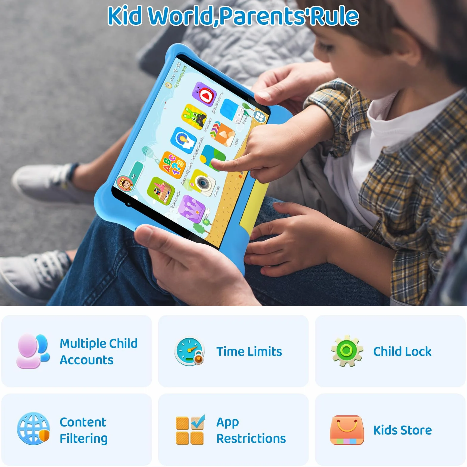 Tablette Enfants 7 Pouces Android 5Go+32Go+128Go Applications Préinstallées Contrôle Parental 1024x600 2500mAh Caméra Double WiFi 6 BT5.2 Bleu