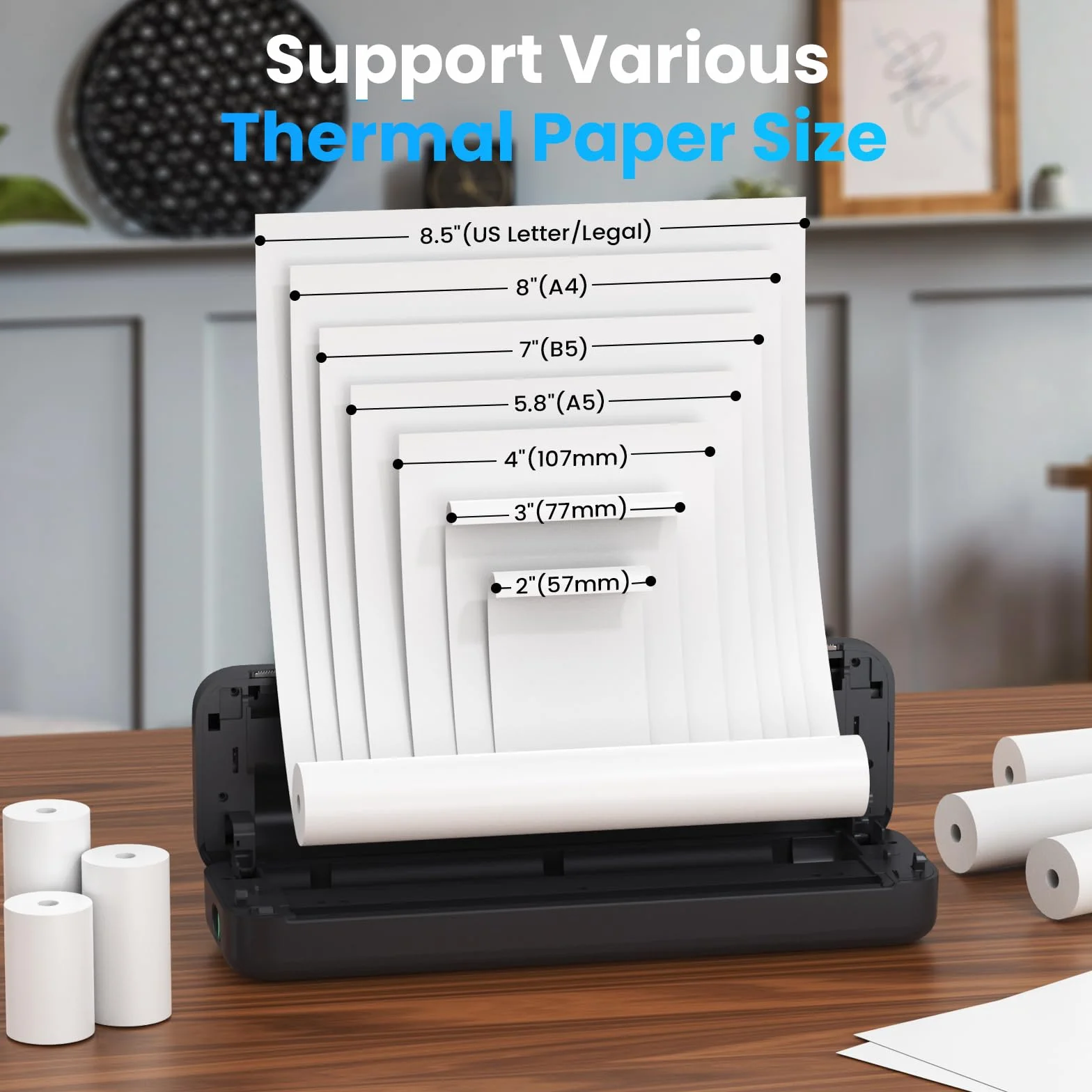 Imprimante Thermique Portable A4 Bluetooth Sans Encre 216/210/110/80/53mm Compatible iOS Android Mac Windows Noir