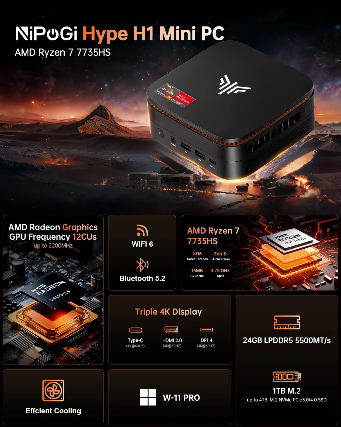 NiPoGi Hype H1 Mini PC AMD Ryzen 7 7735HS 24 Go LPDDR5 1 To M.2 NVMe SSD 4K Triple Display WiFi6 BT5.2 Ordinateur de Bureau Gaming