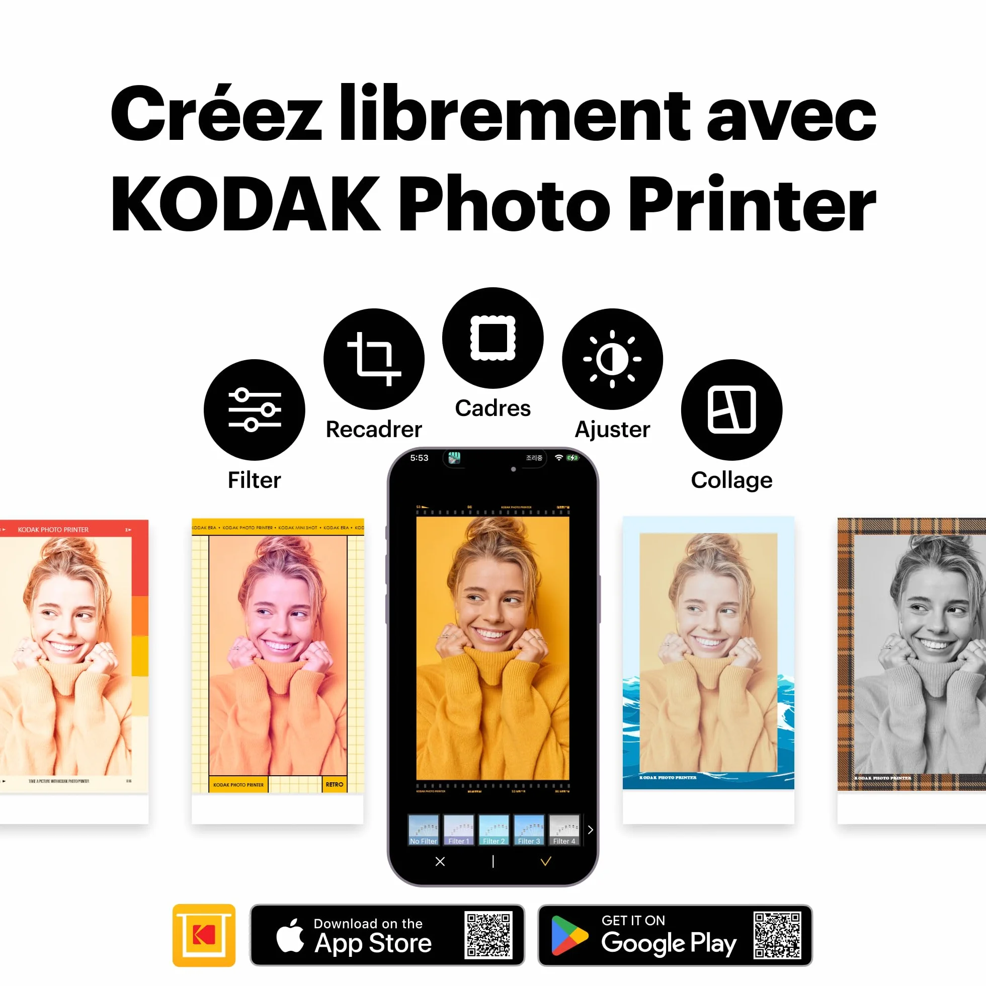 KODAK Mini 2 Retro Imprimante Photo 5,3 x 8,6 cm, 38 Feuilles, Bluetooth, Sublimation 4PASS, Blanc