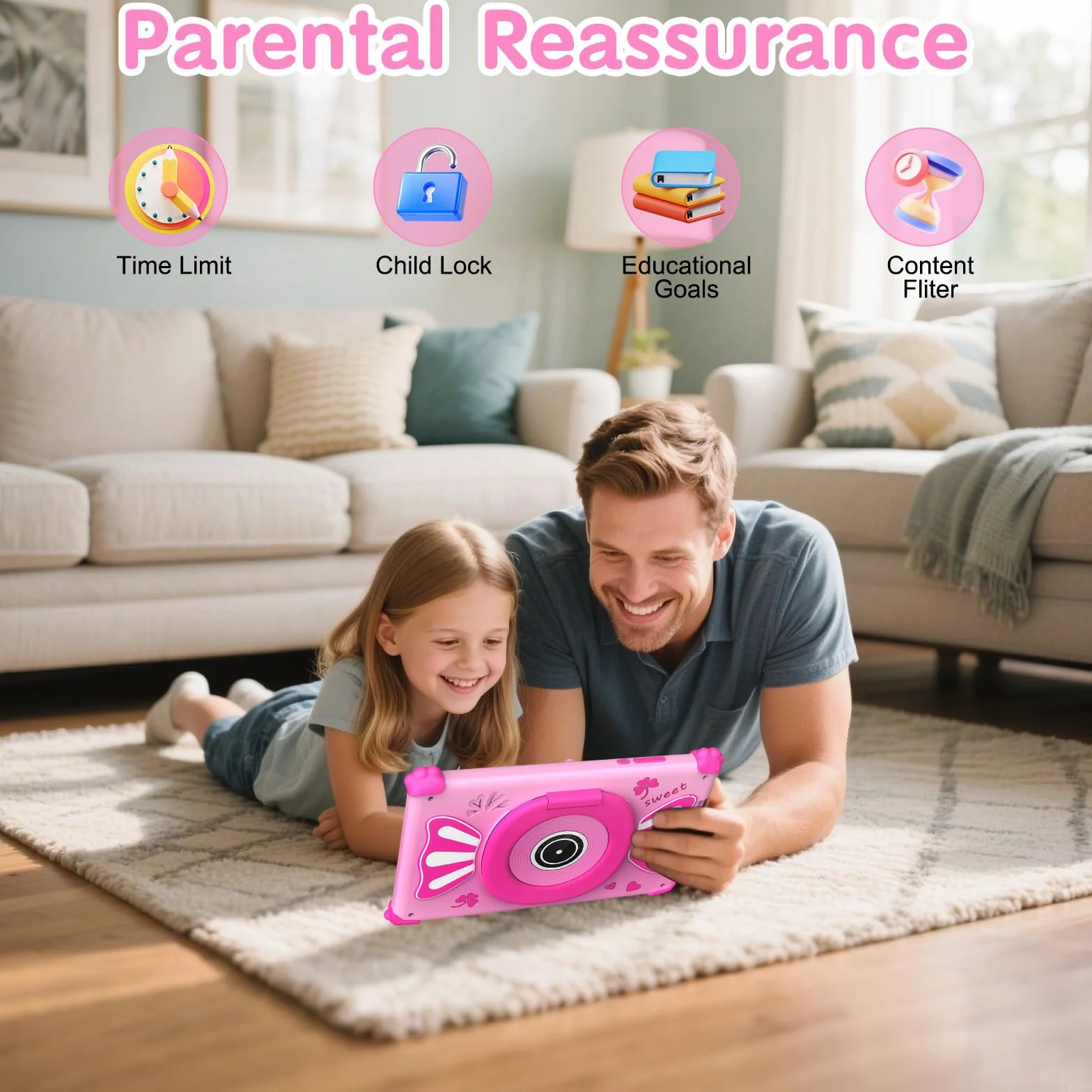 Tablette Enfants 7 Pouces Android 15 WiFi6 Penta Core 6Go RAM 32Go ROM Double Caméra 128Go Extension Rose