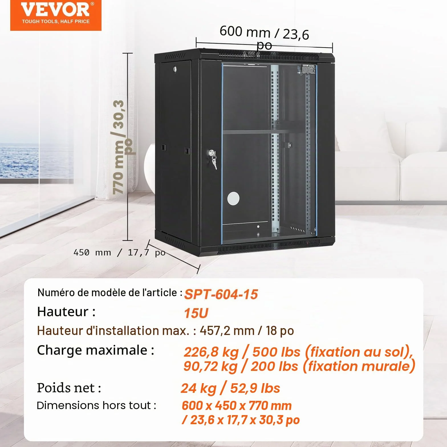 VEVOR Armoire de Serveur Mural 15U, Boîtier Rack Réseau avec Roulettes, Charge 226,8 kg, Porte Verre Trempé Verrouillable, Acier Q235