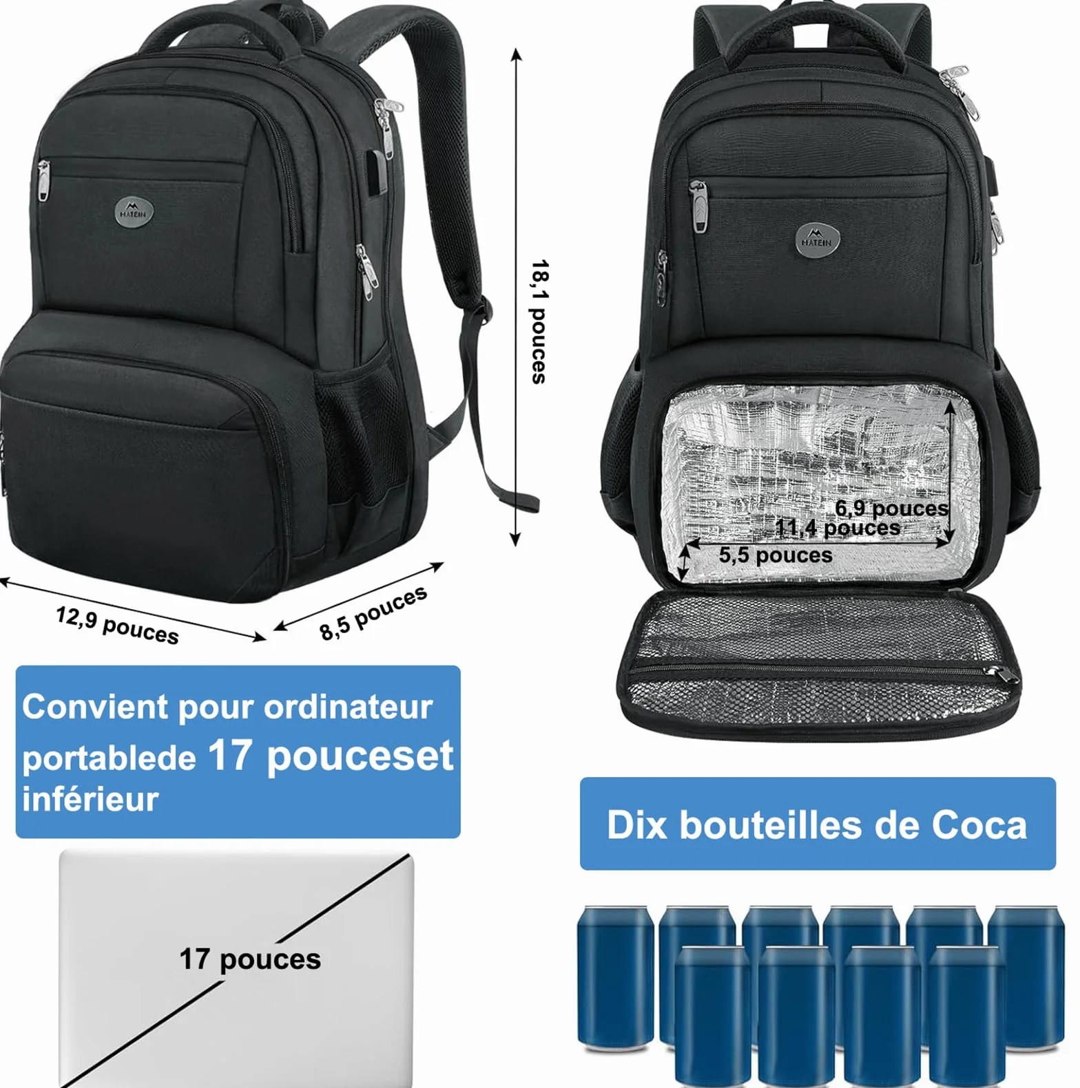 MATEIN Sac à Dos Ordinateur 17 Pouces Isotherme Repas TSA Voyage Noir