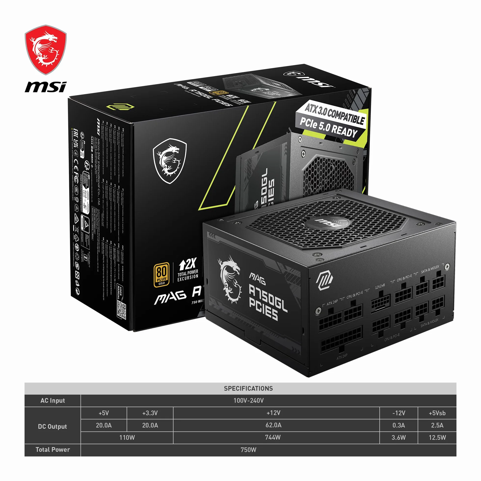MSI MAG A750GL PCIE5 Alimentation 750W 80 Plus Gold Modulaire ATX 3.0 PCIe 5.0 Ventilateur 120mm